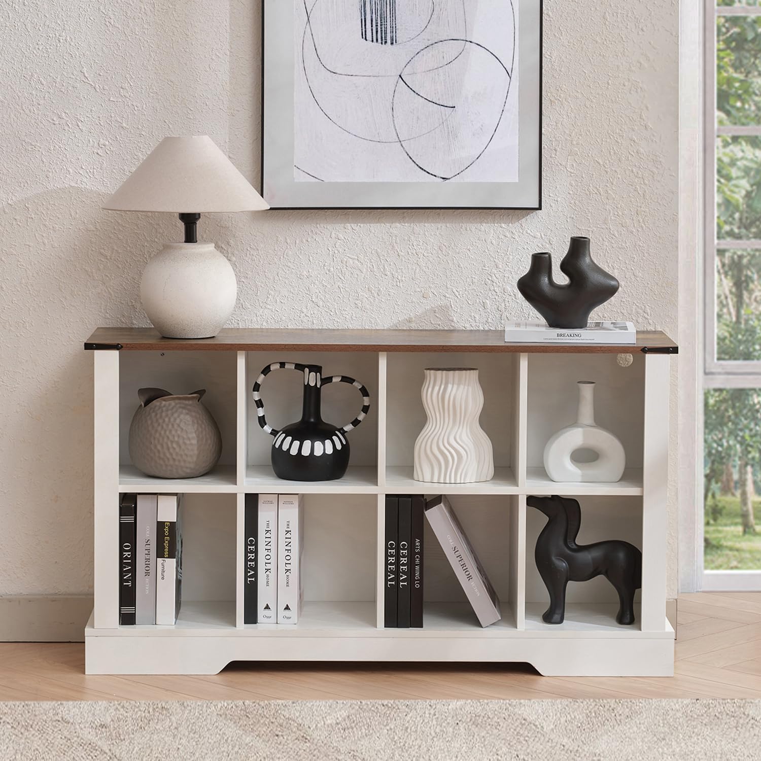 8 Cube Bookcase, Wooden Cube Storage Organizer Shelf, White Horizontal Book Shelf with LED Lights, Freestanding Display Cabinet for Living Room, Bedroom, Home Office