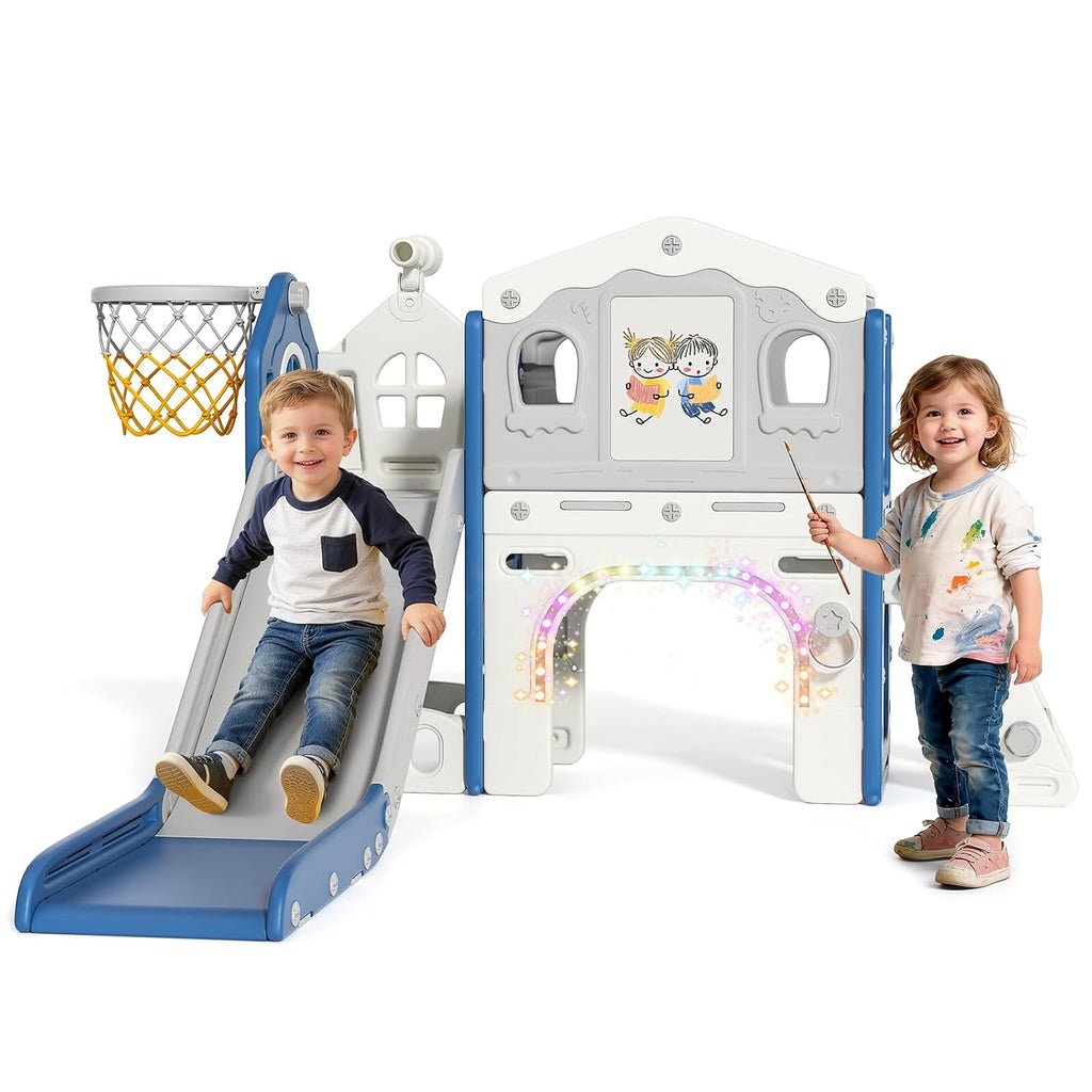 BIERUM 9 in 1 Toddler Slide Set - Baby Slide for Toddlers 1-3 with Colorful Lights, Drawing Board and Building Blocks Board, Indoor Outdoor Toddler Playset Playground, Blue Gray