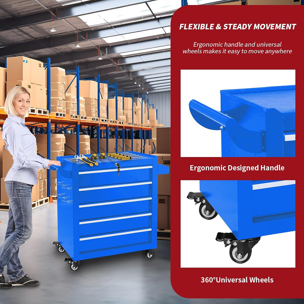 5 Drawers Rolling Tool Chest, Metal Tool Box with Wheels & Lock, Tool Drawers Garage Tool Storage Cabinets Organizer Rolling Cart Toolbox on Wheels for Garage, Workshop, Repair Shop(Assembly Required)
