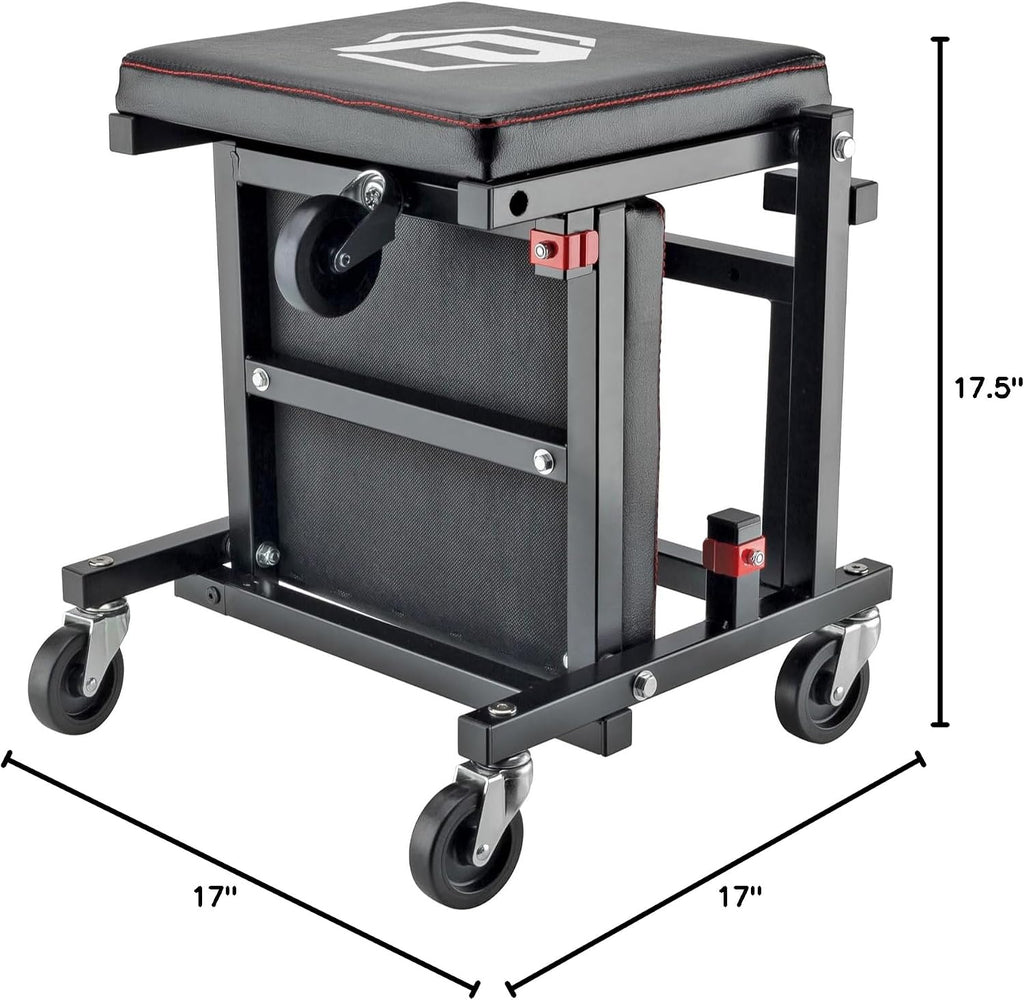 Powerbuilt 2-in-1 Rolling Creeper Seat Converts from High to Low Roller Seat, Fast, Tool-Free Conversion, Garage, Shop, Brake Jobs, Washing, Detailing, Maintenance, Thick Pad, 3-in. Casters - 240298
