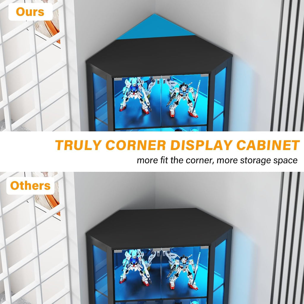 Gyfimoie Corner Display Cabinet with Multi-Color LED Lights, Modern Curio Cabinet with Glass Doors, 4 Tier Glass Display Case for Toys, Books & Other Collectibles
