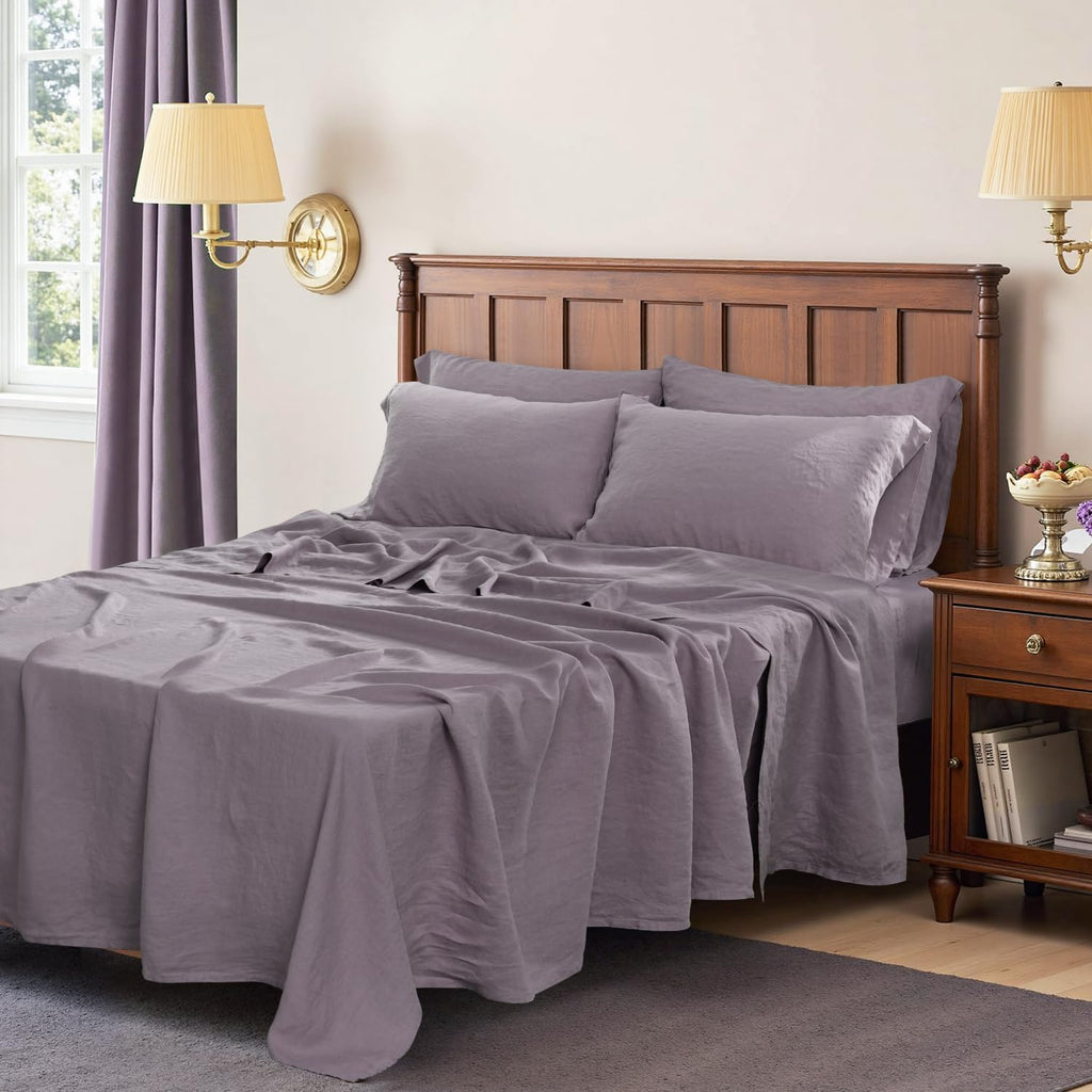 S VICTORY SYMBOL 100% Organic Linen Sheets Set Queen Size,Washed French Flax Bed Sheets 4 Pieces(2 Pillowcases,1 Fitted Sheet,1 Flat Sheet) Dusty Purple,Natural Linen Bedding