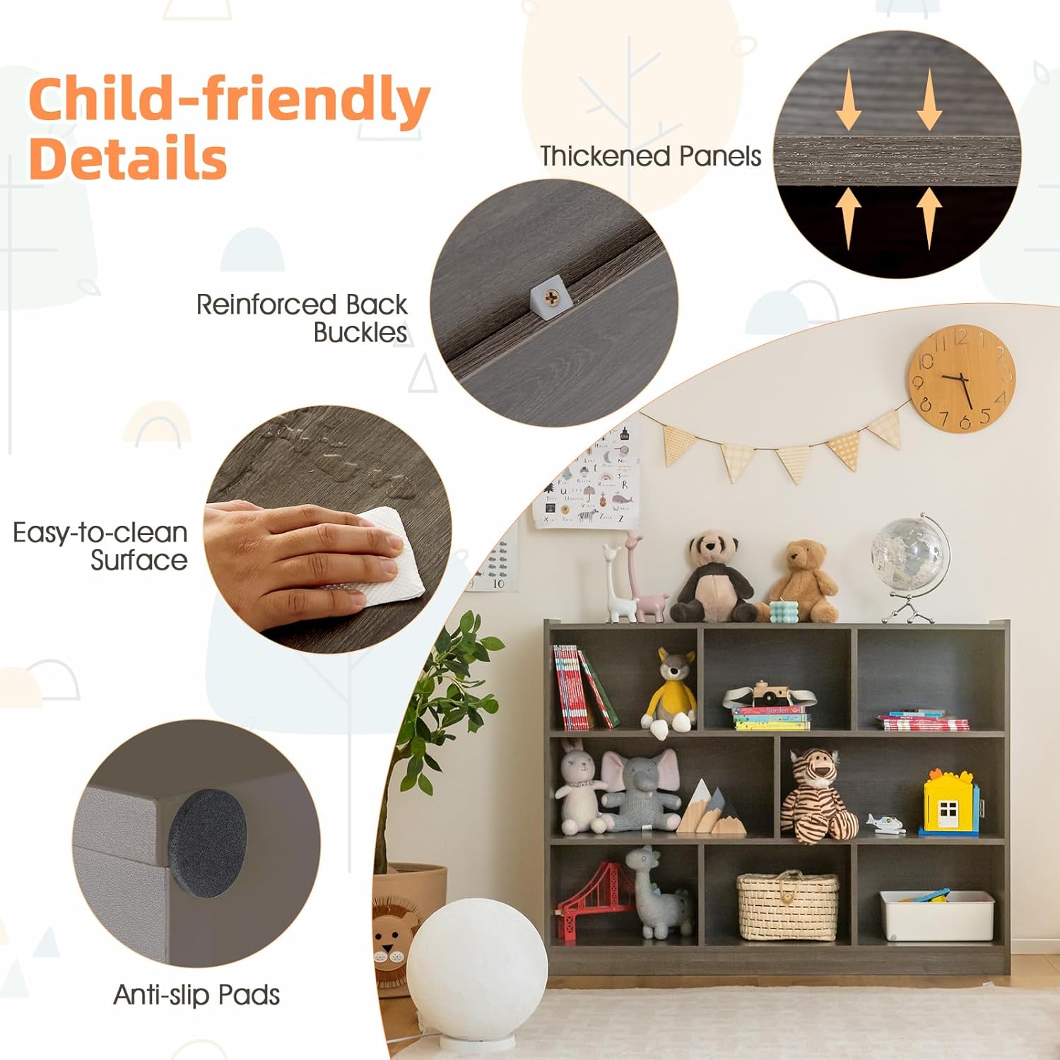 HONEY JOY Kids Storage Organizer, 8-Section Open Wooden Display Shelf for Classroom, Playroom, Nursery, Kindergarten, Dark Gray