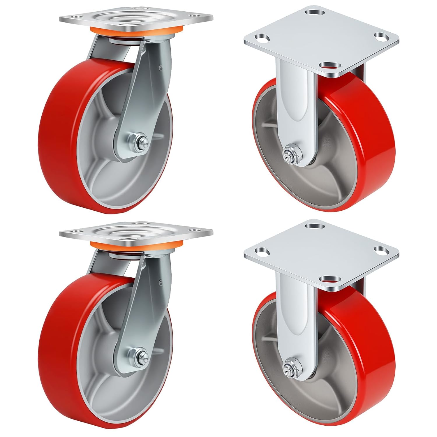 6 Inch Heavy Duty Caster Wheels Set of 4 Industrial Casters Swivel Plate Caster,Load 5000Lbs,Polyurethane Silent Steel Wheels,for Heavy Duty Die,Equipment Movement,U-Boat Cart(2Swivel&2Rigid)