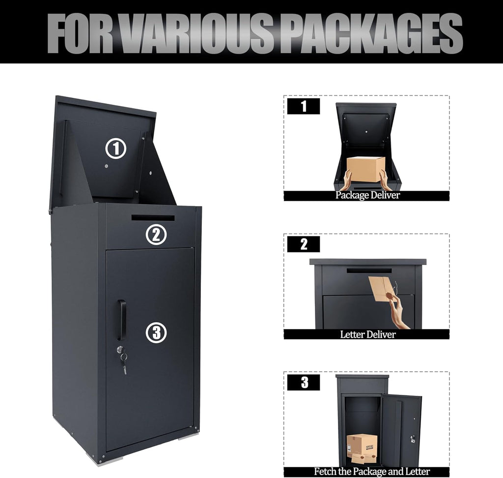 Package Delivery Box for Outside, Large Parcel Drop Box with Top Drop Chute for Packages, Anti-Theft Lockable Package Mailbox with Drop Slot for Mails & Home Porch Use 34'×16'×17'