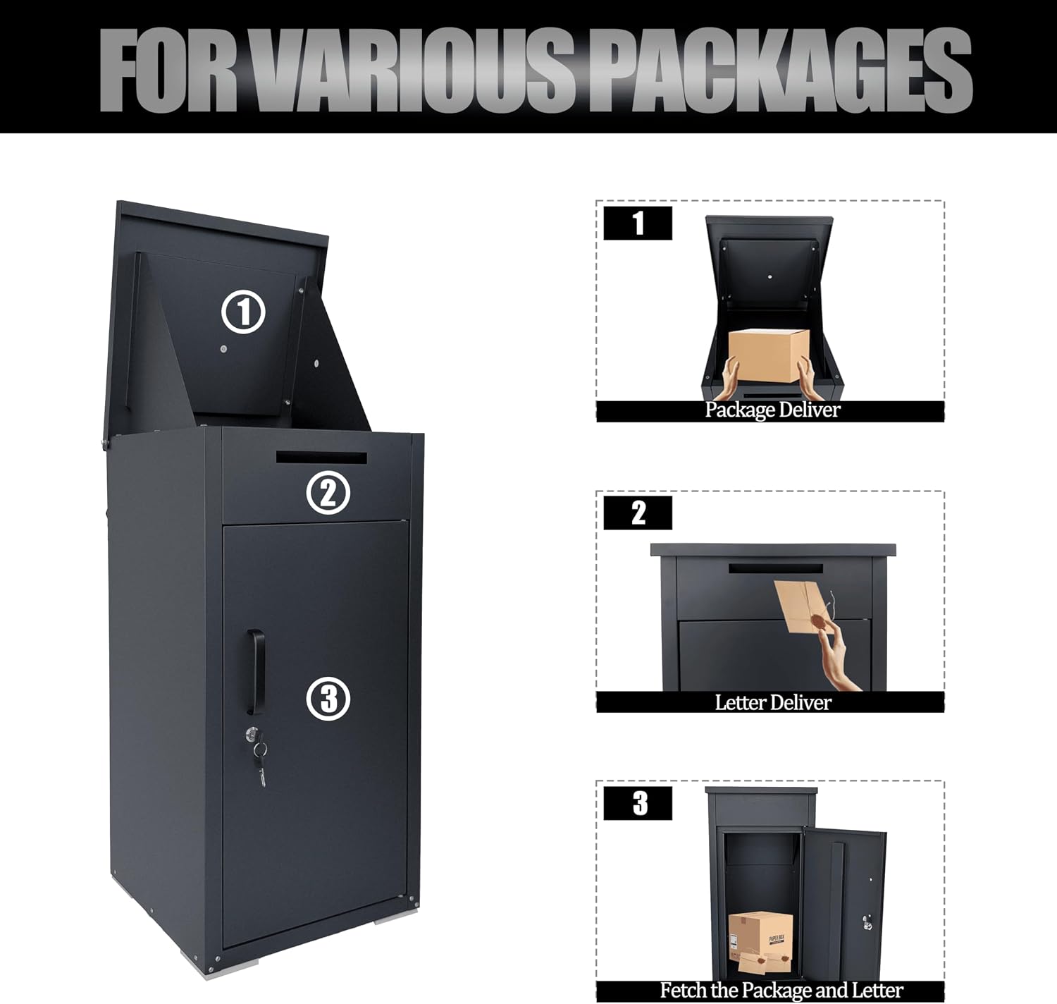 Package Delivery Box for Outside, Large Parcel Drop Box with Top Drop Chute for Packages, Anti-Theft Lockable Package Mailbox with Drop Slot for Mails & Home Porch Use 34'×16'×17'