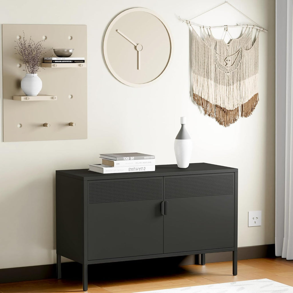 Chshin Metal Storage Cabinet with Doors,Black Accent Cabinet,Metal Locker Storage Cabinets,2 Door TV Media Stand with Removable Shelves for,Home,Office,Entryway,Living Room
