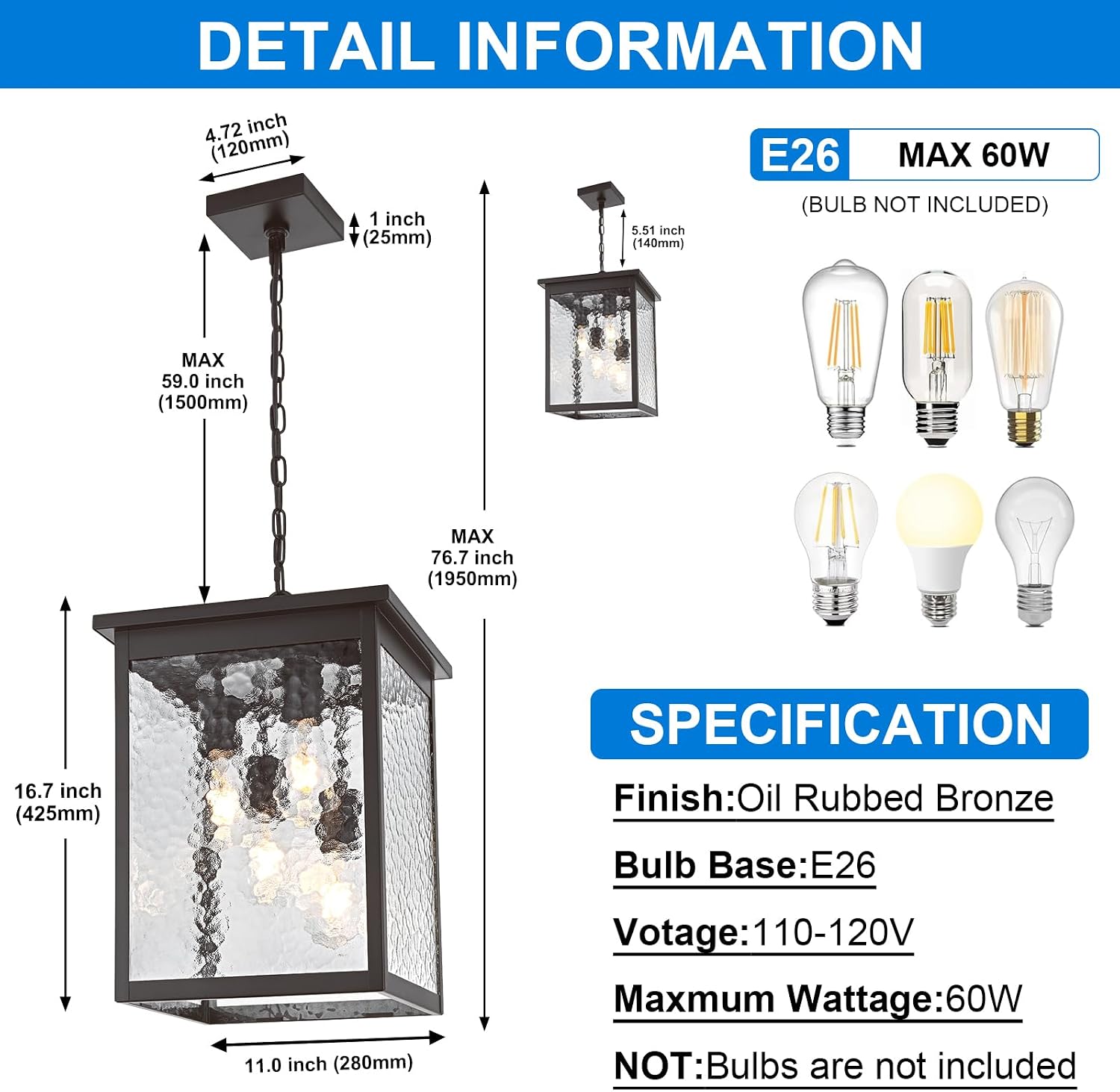 16.7'' Large Outdoor Pendant Light, 4-Lights Oil Rubbed Bronze Exterior Hanging Porch Chandelier Lantern with Hammer Glass, Modern Outdoor Ceiling Light Fixture for Entryway Gazebo Patio