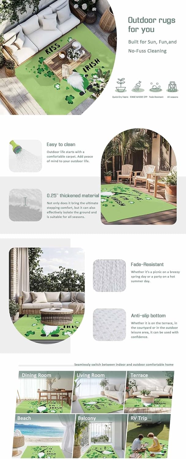Outdoor Rug 4x6ft Happy St. Patrick's Day Gnome with Lucky Patio Area Rugs Waterproof Easy Cleaning Non Shedding Thick Mats Green Carpet for Indoor Outdoor Porch Deck Backyard Balcony