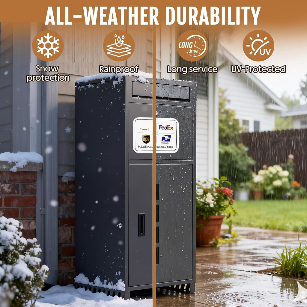 KAER Package Delivery Box for Outside with Visual Windows, 40.6' Large Parcel Drop Box with Raised Metal Feet (Keep Packages Dry), Anti-Theft Waterproof Grey Outdoor Lock Box for Porch, Yard, Home