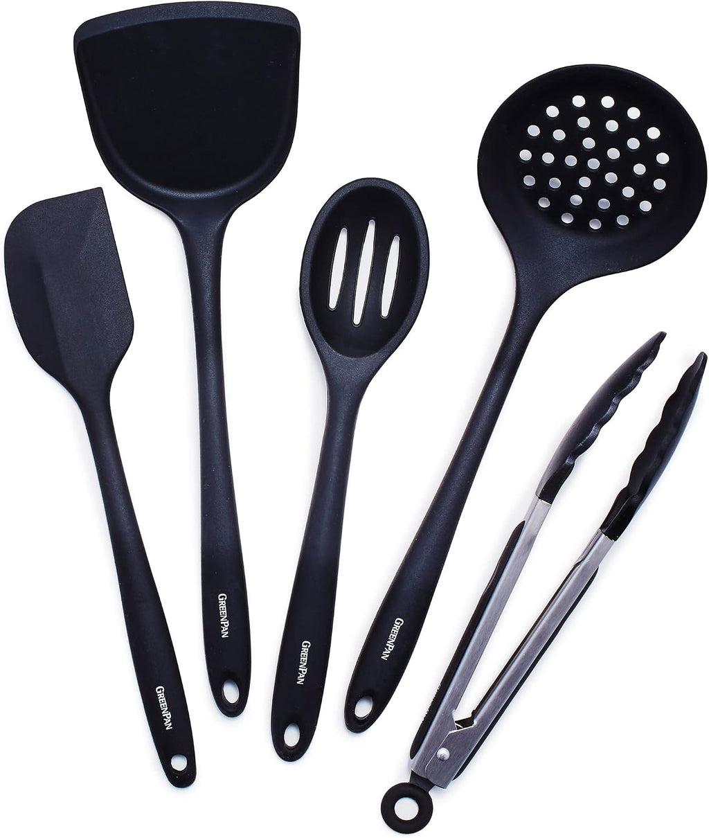 GreenPan Paris Pro Hard Anodized Healthy Ceramic Nonstick, 11 Piece Cookware Pots and Pans Set with Stainless Steel Lids, PFAS-Free, Dishwasher Safe, Grey & Cooking Tools 5 Piece Utensil Set, Black