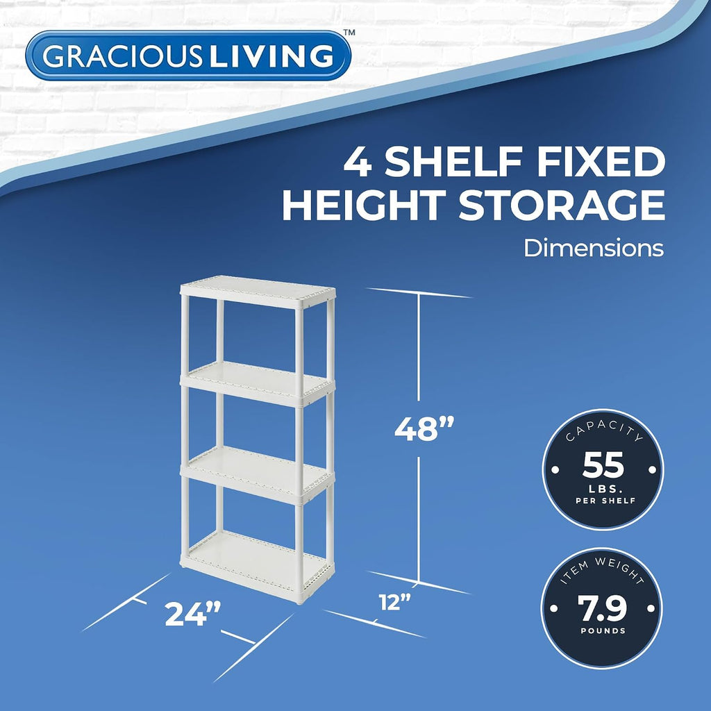 Gracious Living 4 Shelf Fixed Height Solid Light Duty Storage Unit 12 x 24 x 48 for Home, Garage, Basement, & Laundry, White (4 Pack)