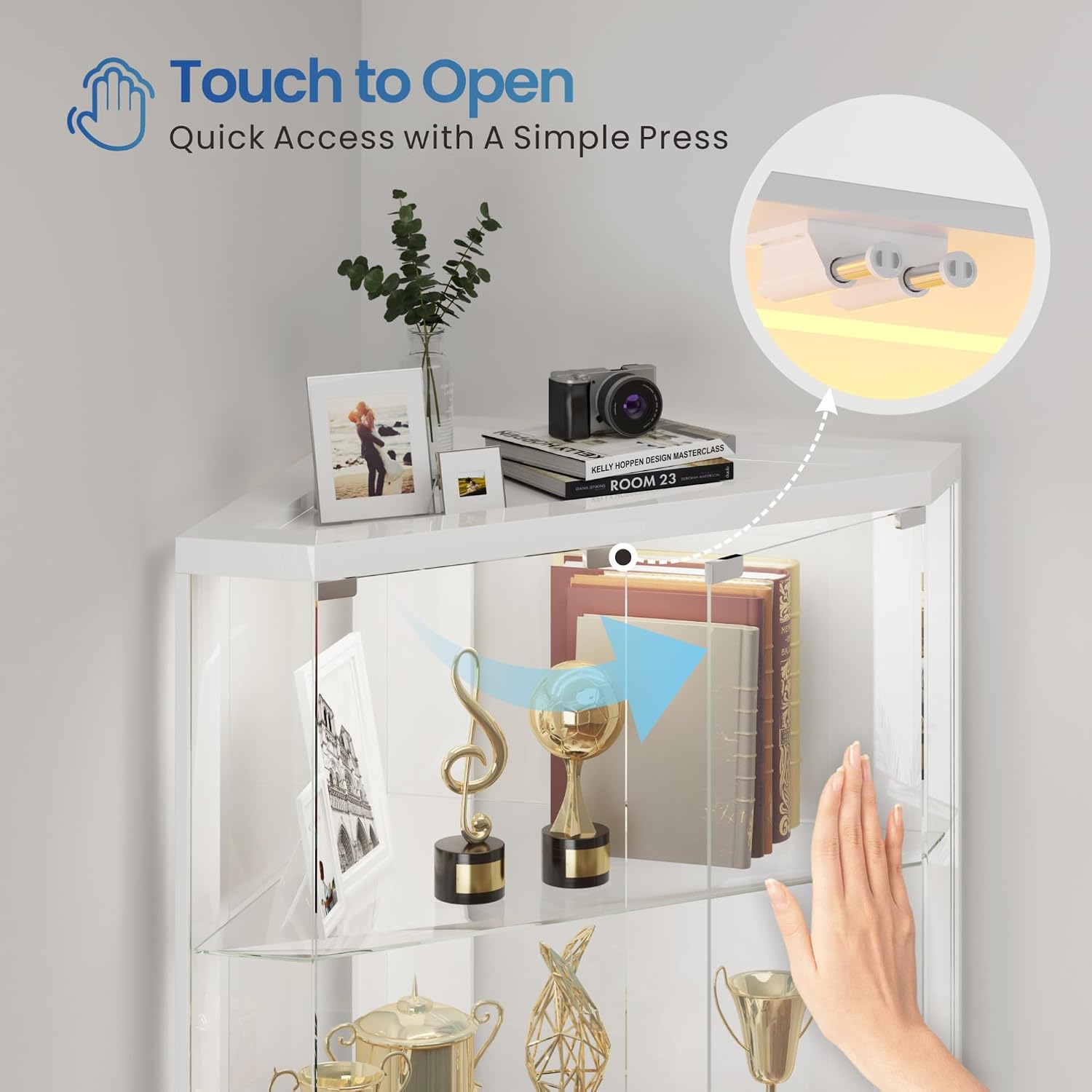 HNEBC Corner Display Case with - RGB Lights and Glass Shelves,5-Tier Corner Curio Cabinet with Glass Doors & Human Body Sensor,69' Showcase Display Cabinet for Collectibles,Living Room(White)