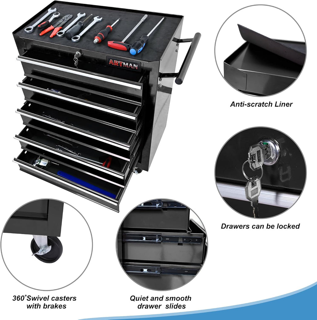 5 Drawers Tool Cart on Wheels, 5 Drawer Rolling Tool Chest with Key Lock, Trolley Organizer Tool Case, Multifunctional Rolling Tool Box for Garage,Warehouse,Workshop,Repair Shop (Black)