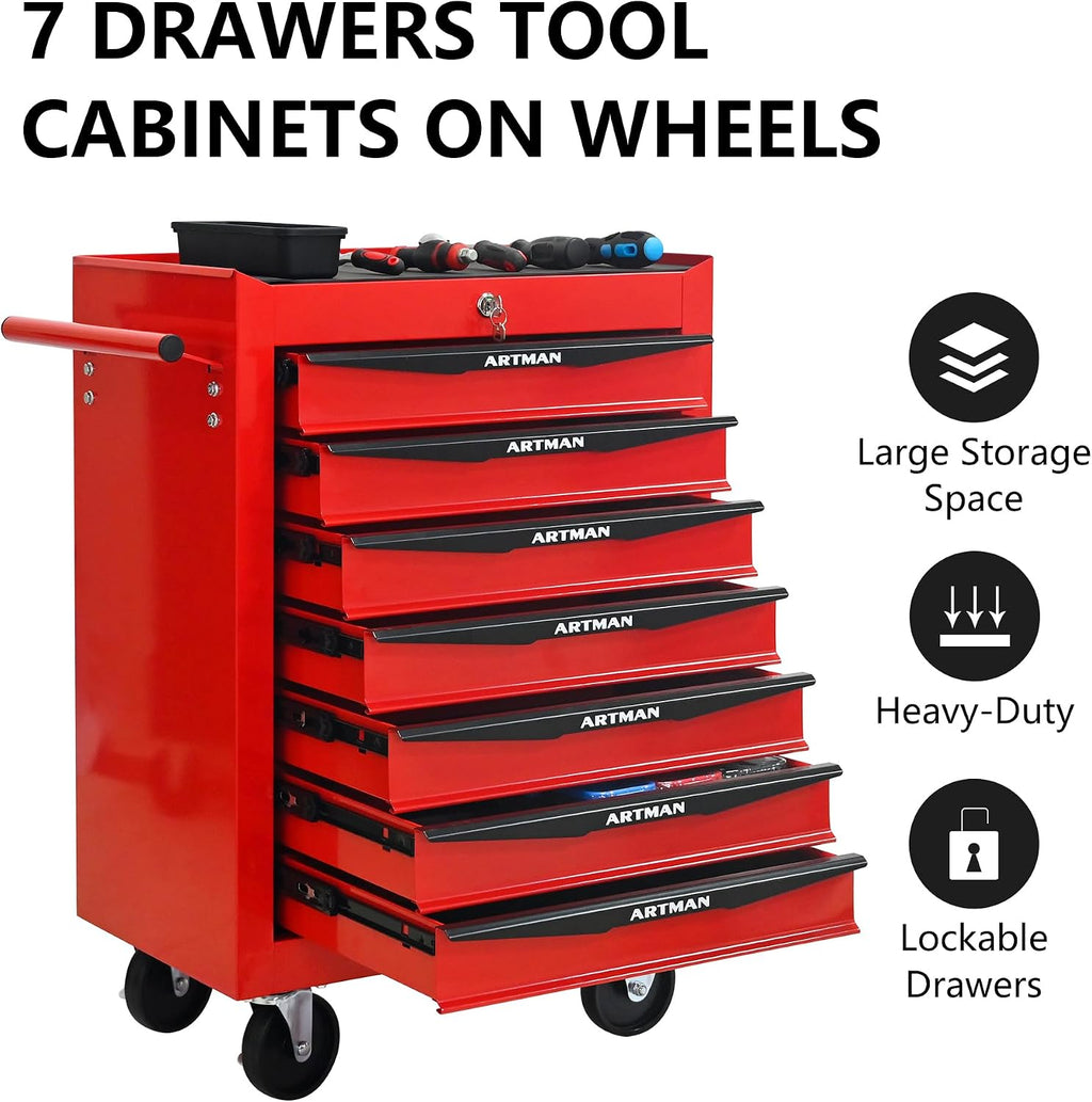Rolling Tool Chest Cart with 7 Drawers,Storage Tool Cabinet on 4 Wheels. Lockable Tool Cart with Drawer Liners.Steel Tool Box Organizer for Garage,Repair Workshop-Red
