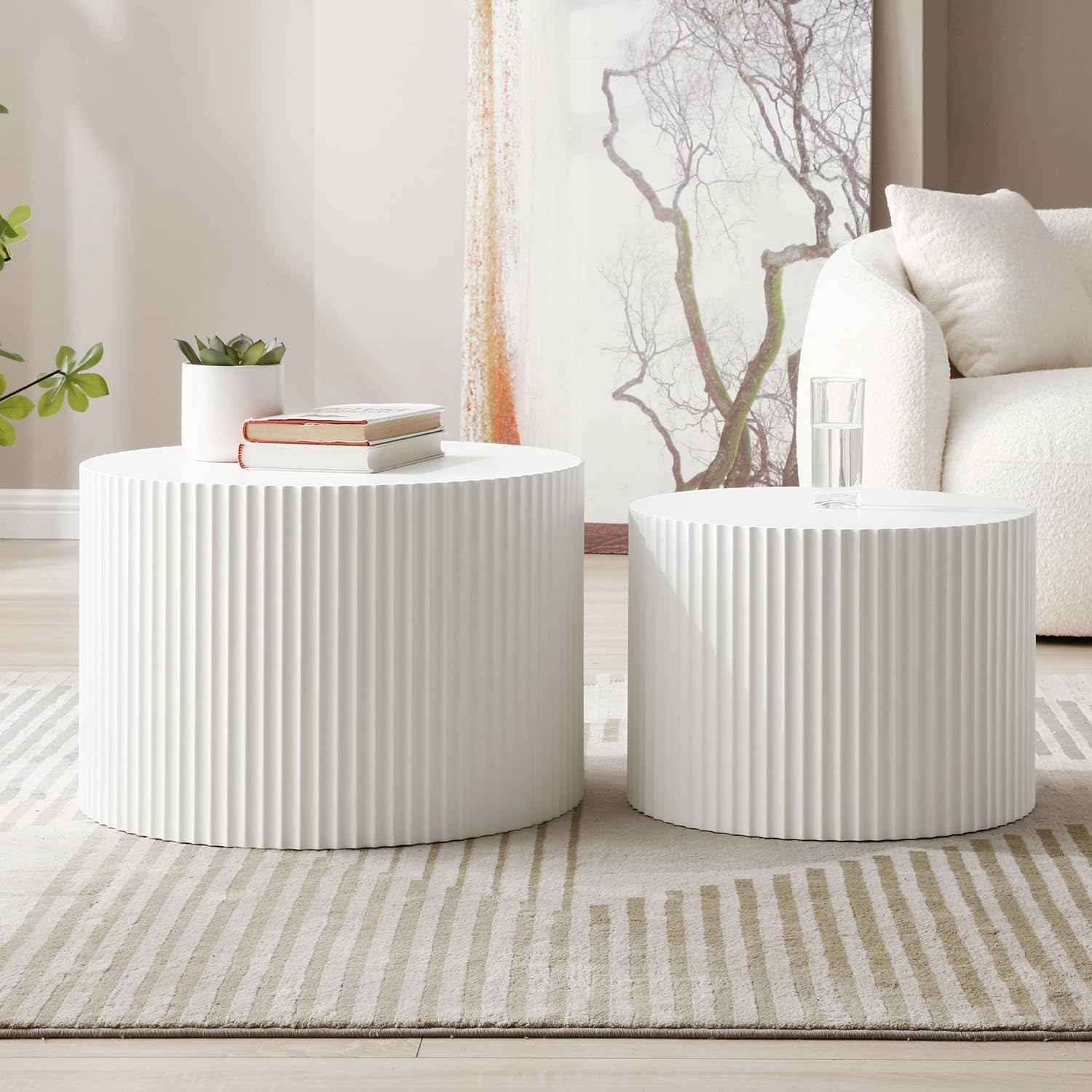 White Round Coffee Table Set of 3 Modern Drum Circle Nesting Coffee Tables for Living Room, Contemporary Wood Fluted Embossed Side Table End Table, No Assembly, White (3-Pcs)
