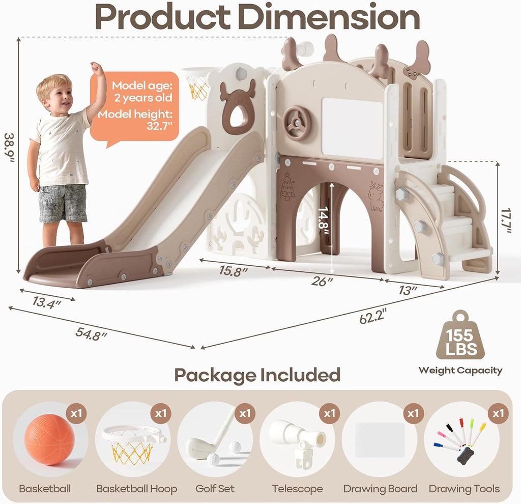 Mloong Toddler Slide for Kids - 11 in 1 Kids Slide for Toddlers Baby 1-3 Years Old, Indoor and Outdoor with Basketball Hoop Golf Drawing Set, Easy Assembly Elk Theme(Beige & Rosy Brown)(54×62×39in)