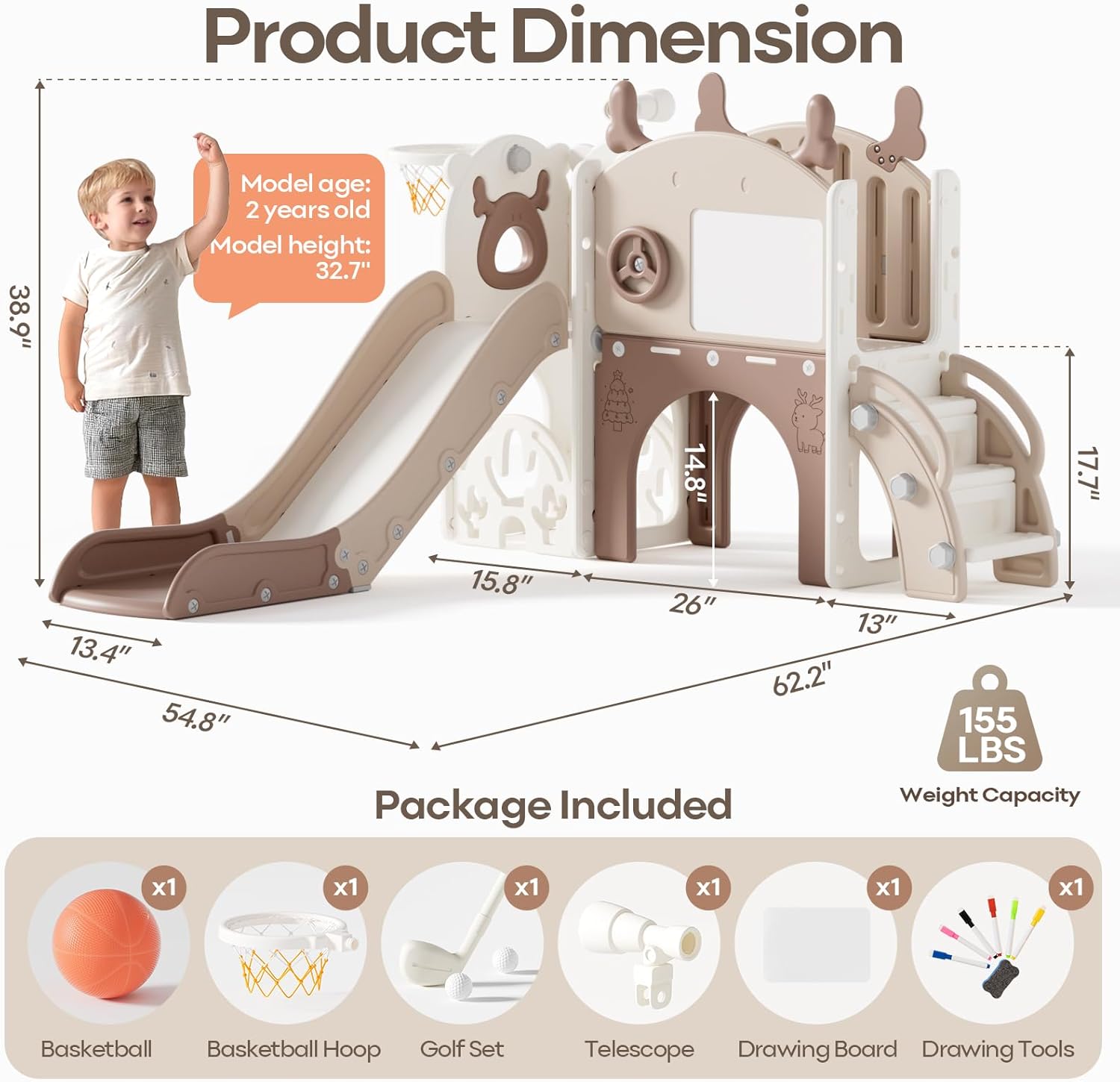 Mloong Toddler Slide for Kids - 11 in 1 Kids Slide for Toddlers Baby 1-3 Years Old, Indoor and Outdoor with Basketball Hoop Golf Drawing Set, Easy Assembly Elk Theme(Beige & Rosy Brown)(54×62×39in)