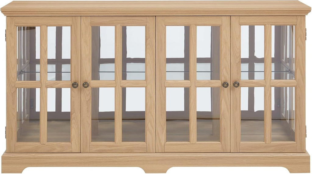 59' W LED Curio Cabinet with 7 Color Lights, Vintage Glass Display Case with Glass Doors, Smartphone-Controlled, Short Wooden China Cabinet with Adjustable Shelves for Living Room, Entryway(Light Oak)