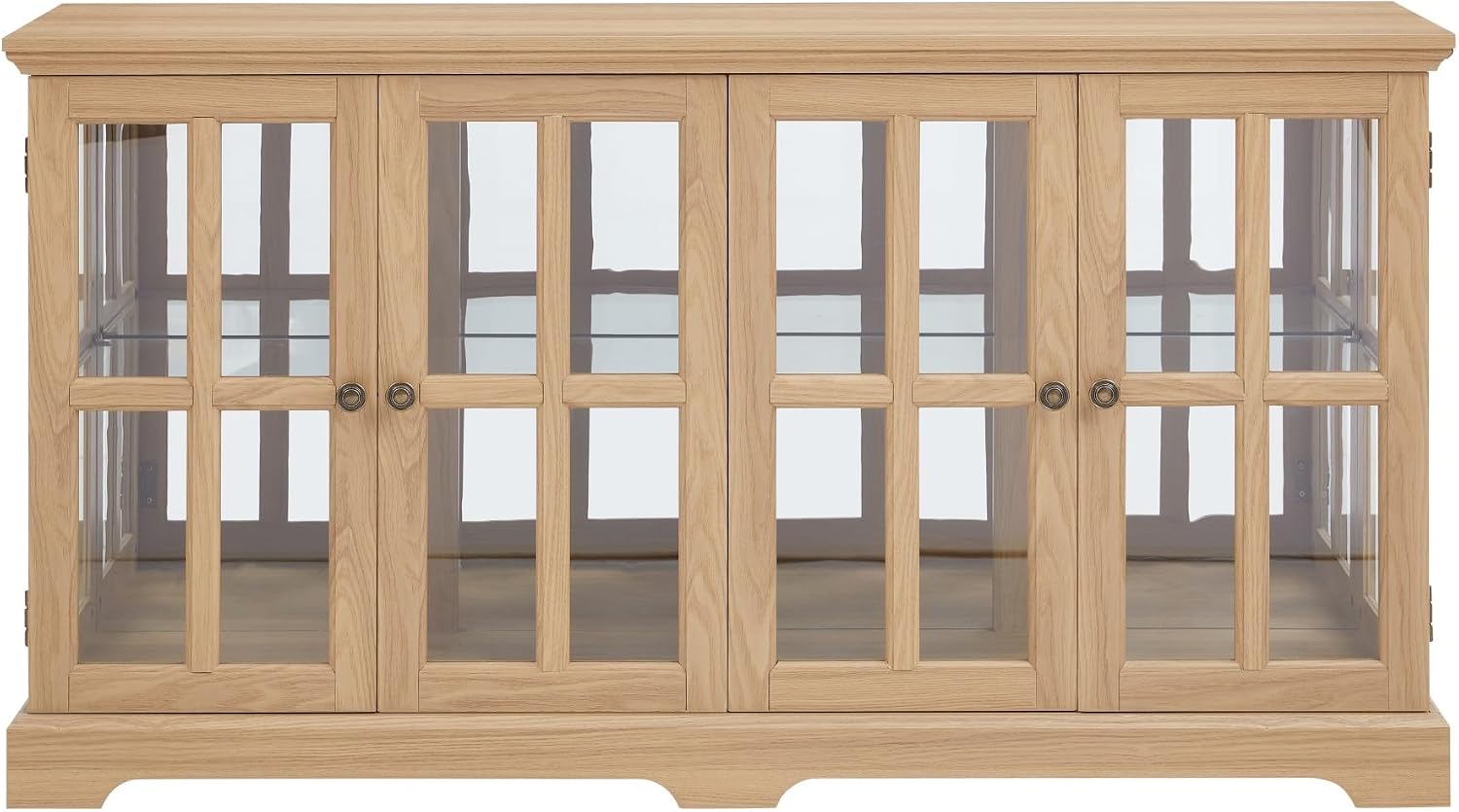 59' W LED Curio Cabinet with 7 Color Lights, Vintage Glass Display Case with Glass Doors, Smartphone-Controlled, Short Wooden China Cabinet with Adjustable Shelves for Living Room, Entryway(Light Oak)