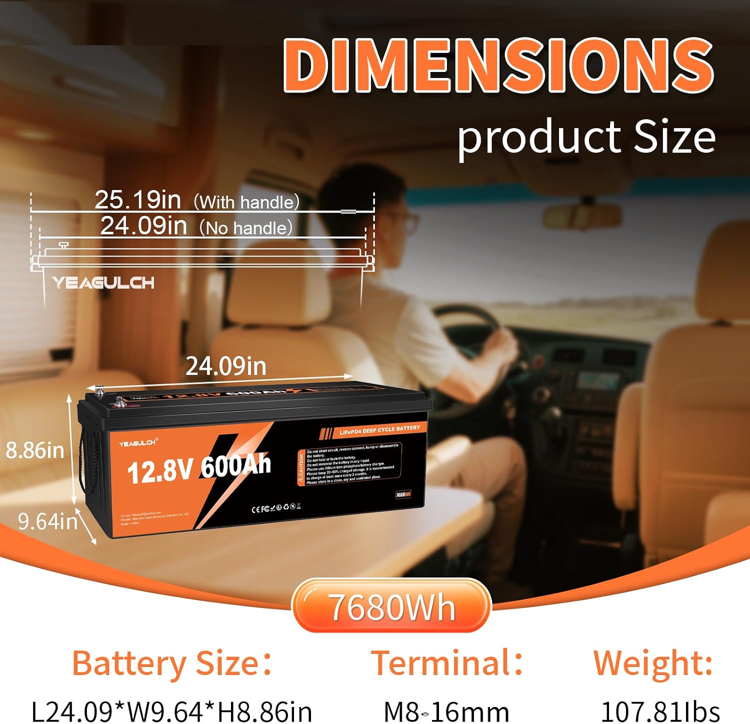 12V 600Ah LiFePO4 Lithium Battery with 200A BMS 7680Wh, Up to 15000 Deep Cycle LiFePO4 Battery Perfect for RV, Solar, Marine, Camping, Off-Grid, Home Energy Storage