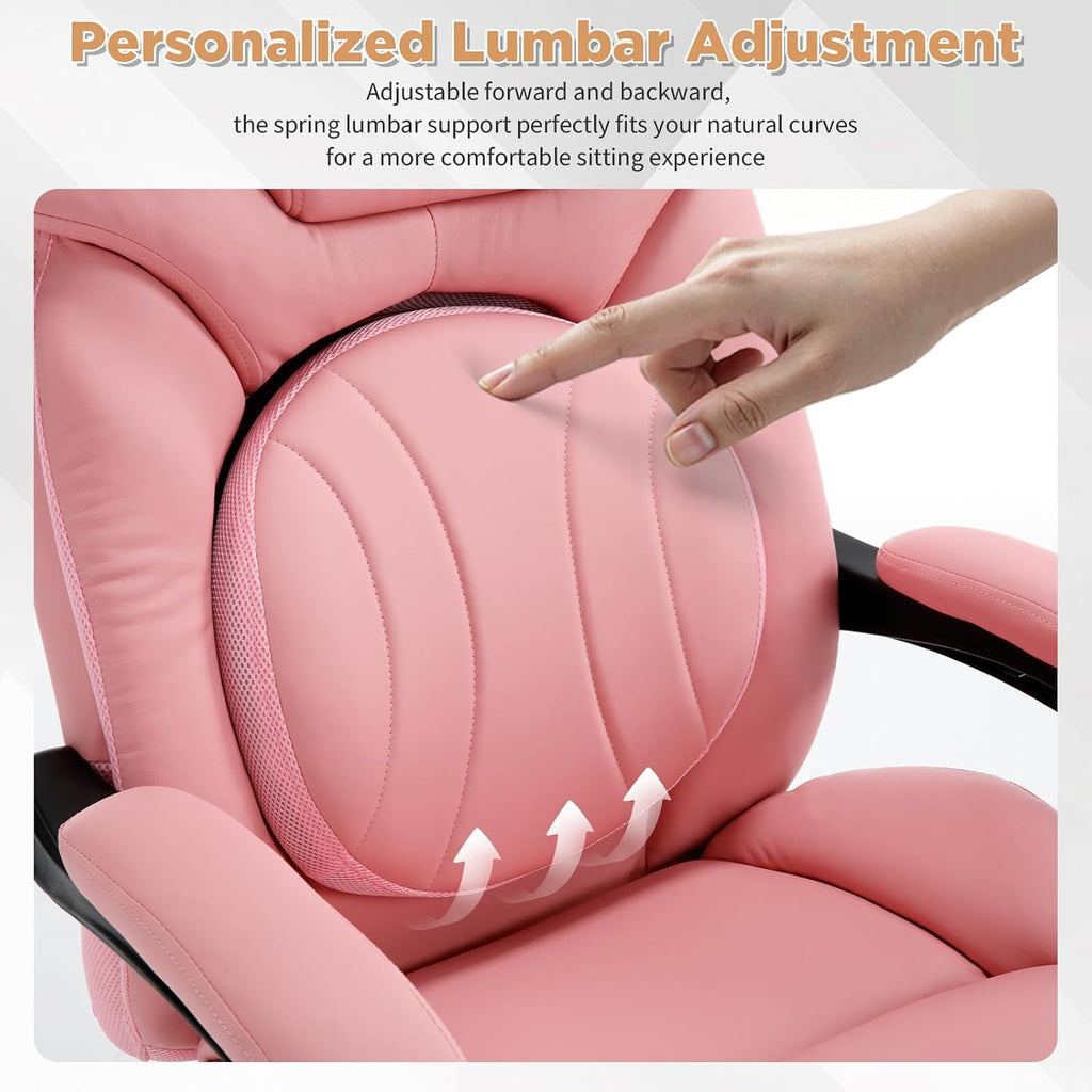 Comfy Reclining Office Chair with Footrest for Women Wide Seat Big Tall Computer Gaming Chair, 500lb Plus Size Ergonomic Recliner Office Desk Chair with Leg Rest, Pink