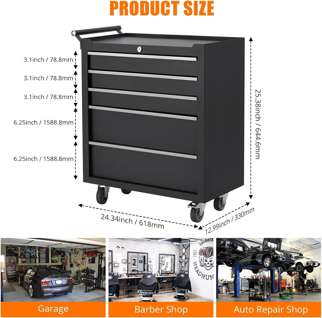 5-Drawer Tool Chest With Wheels, Rolling Tool Cart With Universal Wheels, Sliding Drawers and Protective Liner, Lockable Storage Cabinet for Garage, Workshop, Warehouse