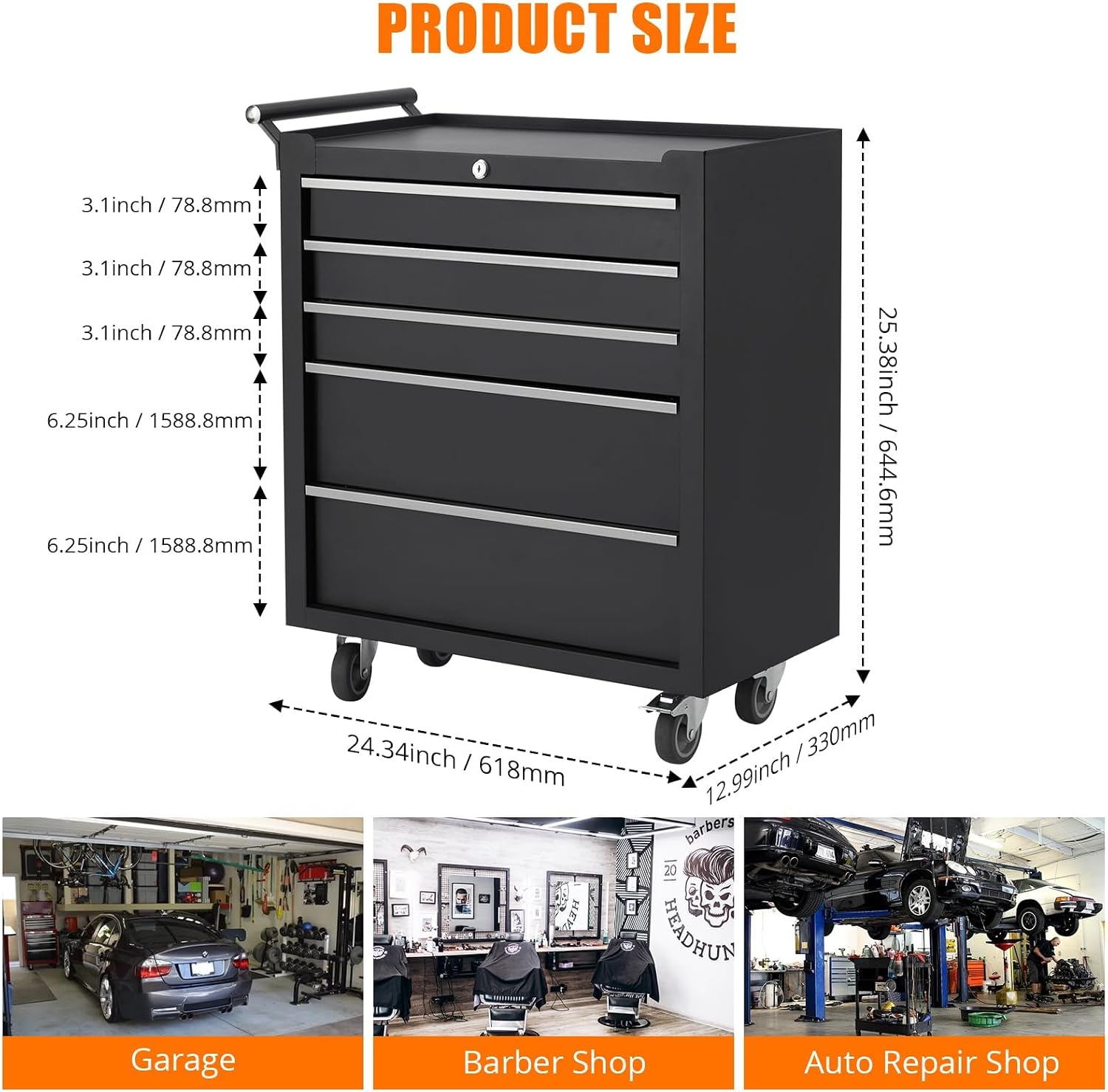 5-Drawer Tool Chest With Wheels, Rolling Tool Cart With Universal Wheels, Sliding Drawers and Protective Liner, Lockable Storage Cabinet for Garage, Workshop, Warehouse