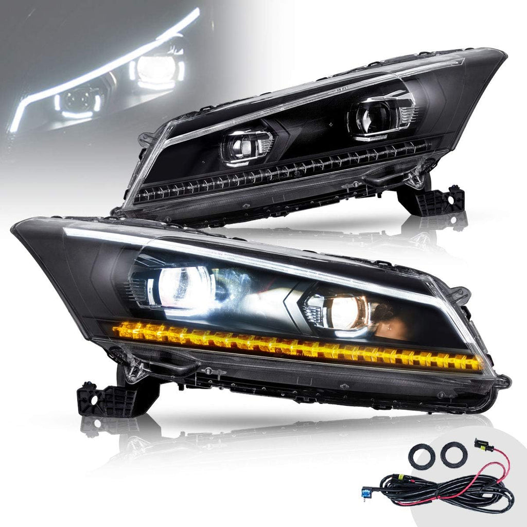 VLAND LED Projector Headlights Assembly for [Honda Accord 8th Gen 4-Dr Sedan 2008 2009 2010 2011 2012 (NOT fit 2-Dr Coupe)] with Sequential Turn Signal, YAA-HD-0145AH, Both Side (Hella)