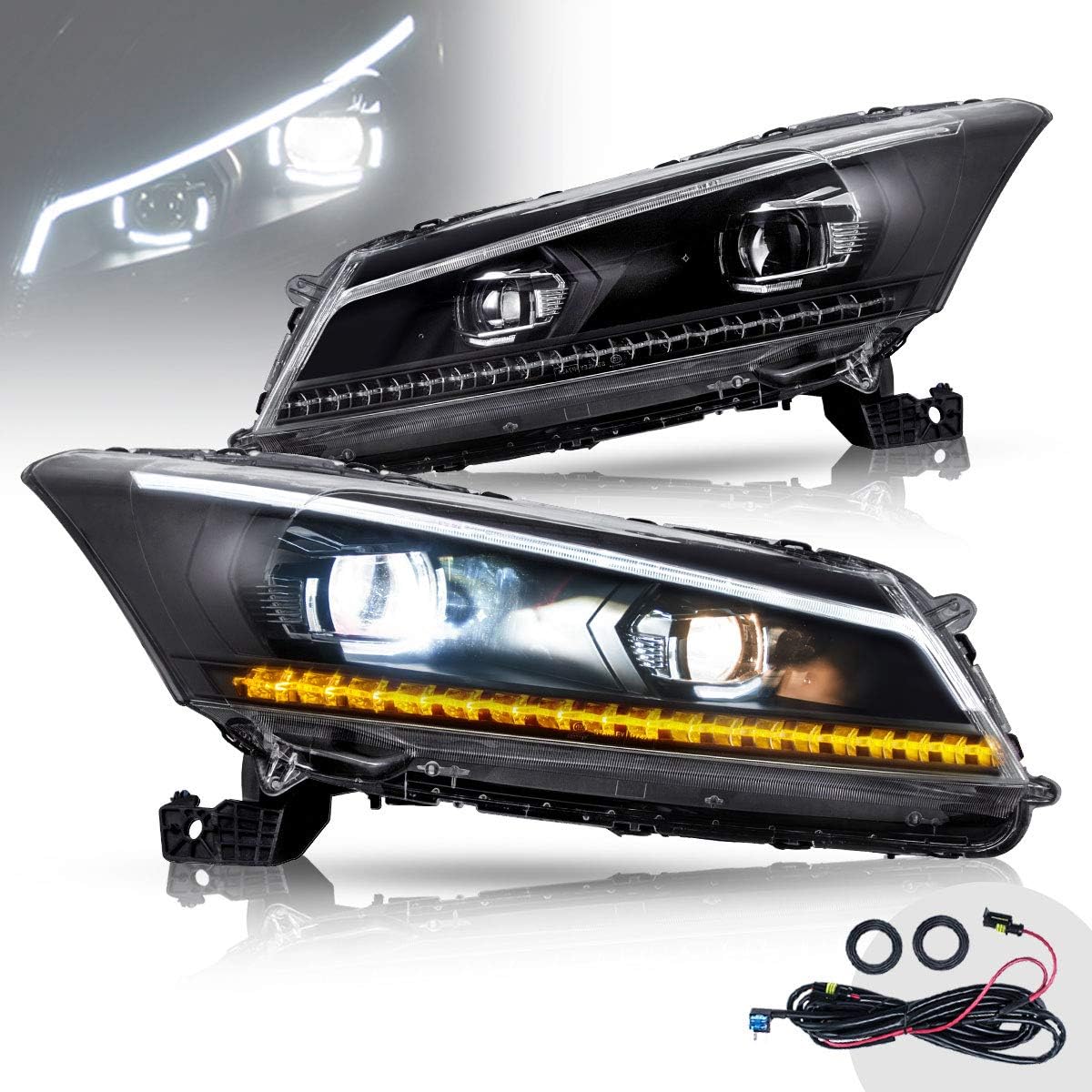 VLAND LED Projector Headlights Assembly for [Honda Accord 8th Gen 4-Dr Sedan 2008 2009 2010 2011 2012 (NOT fit 2-Dr Coupe)] with Sequential Turn Signal, YAA-HD-0145AH, Both Side (Hella)