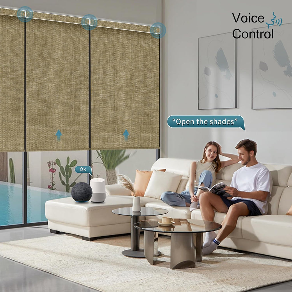 Motorized Roller Shade, 100% Blackout Smart Window Blinds Work with Homekit, Alexa, Google Home, Remote Control, Electric Blinds with USB/Solar Pannel Charging, Gentle Wheat