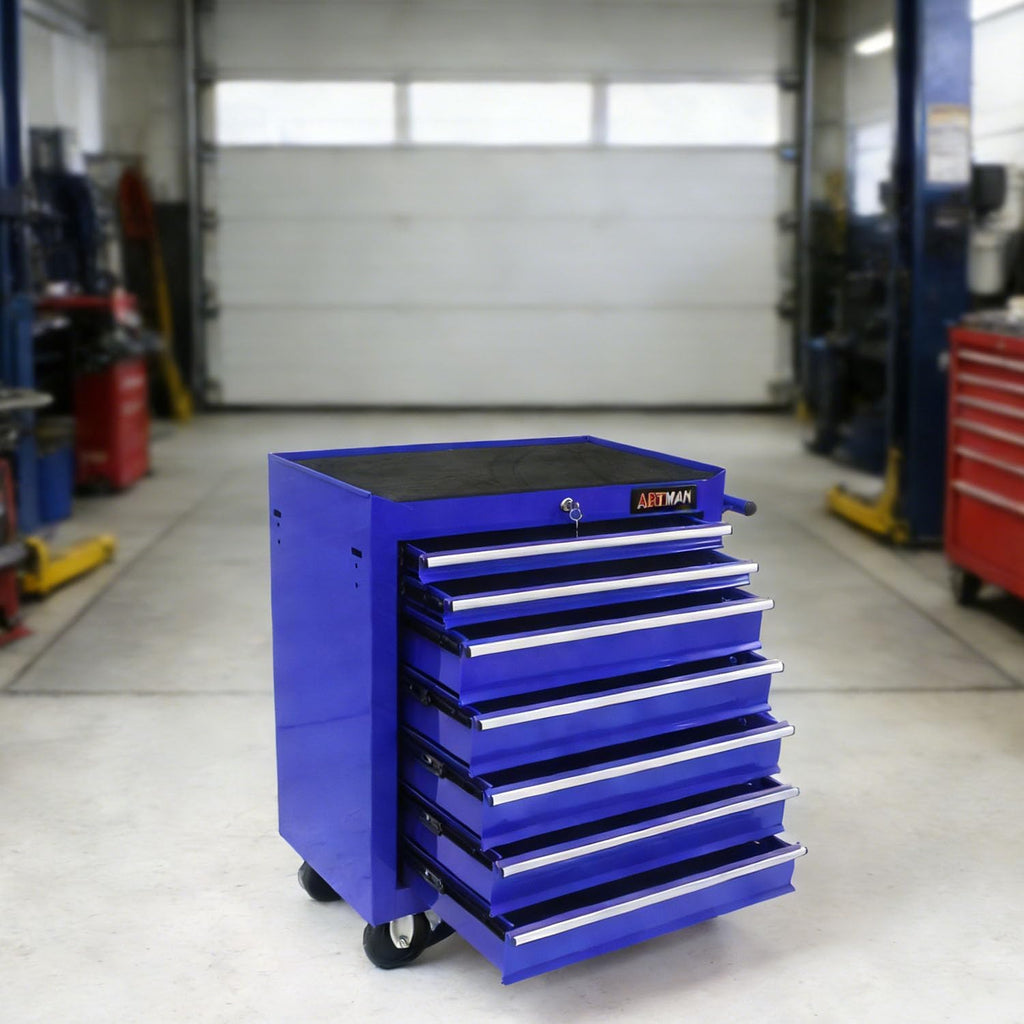 7-Drawer Tool Cart on Wheels, Drawers Rolling Tool Chest with Key Lock, Mobile Trolley Organizer Tools Box with Locking Wheels & Ball Bearing Drawers for Garage,Repair Shop (Blue)