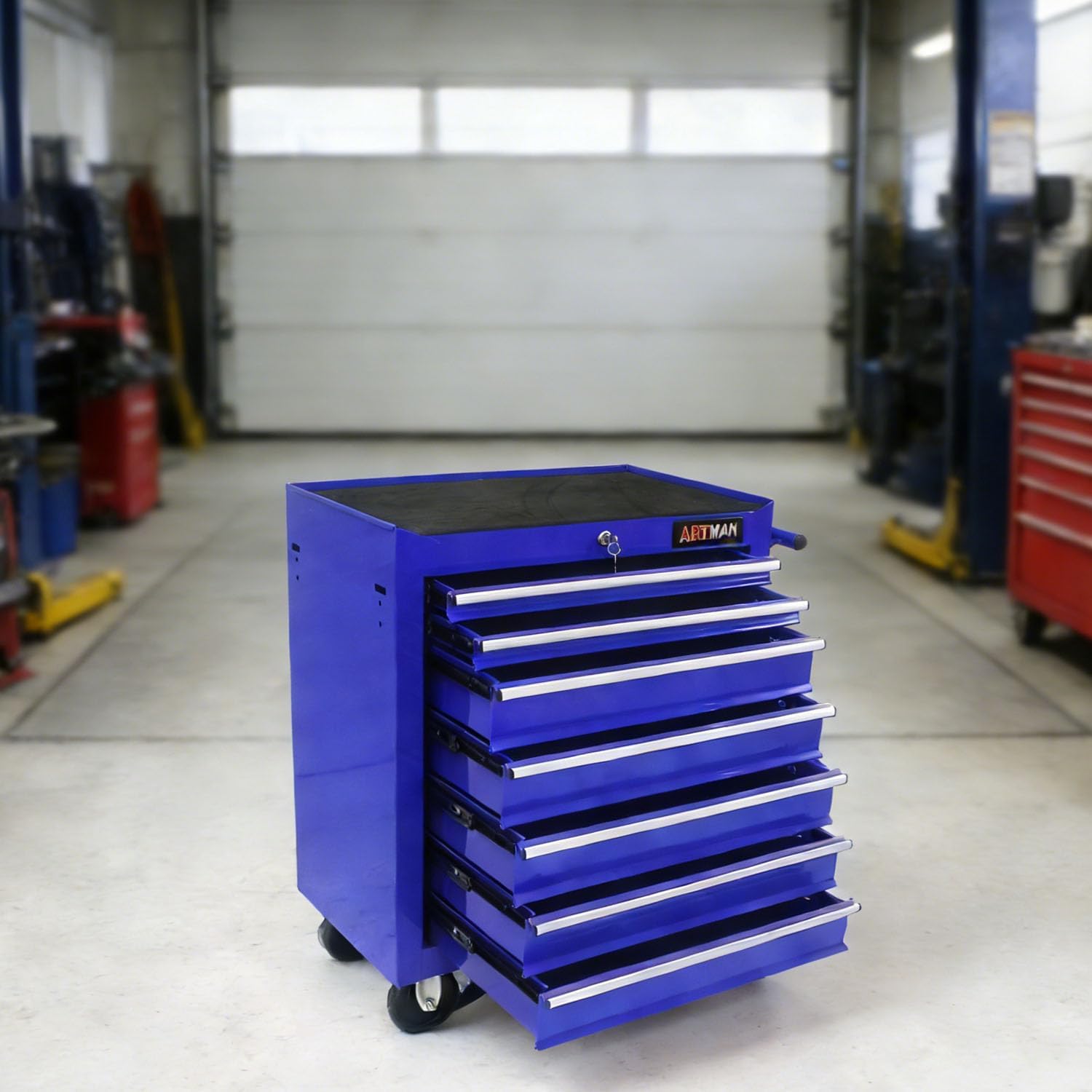 7-Drawer Tool Cart on Wheels, Drawers Rolling Tool Chest with Key Lock, Mobile Trolley Organizer Tools Box with Locking Wheels & Ball Bearing Drawers for Garage,Repair Shop (Blue)