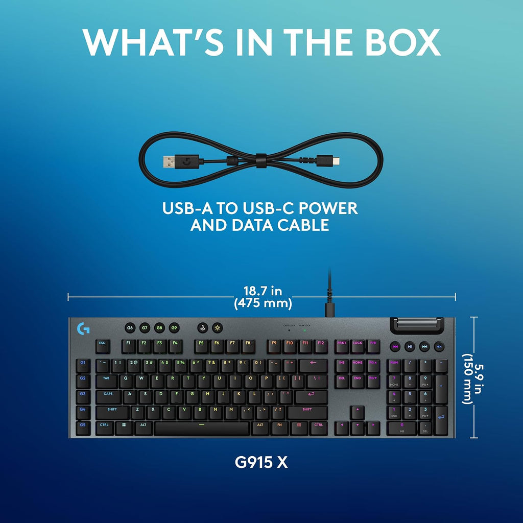 Logitech G915 X Low-Profile Wired Mechanical Gaming Keyboard, Double-Shot PBT Keycaps, Fully Programmable Keys, RGB Lighting, Aluminum Finish, GL Brown Tactile Switches - PC/Mac - Black