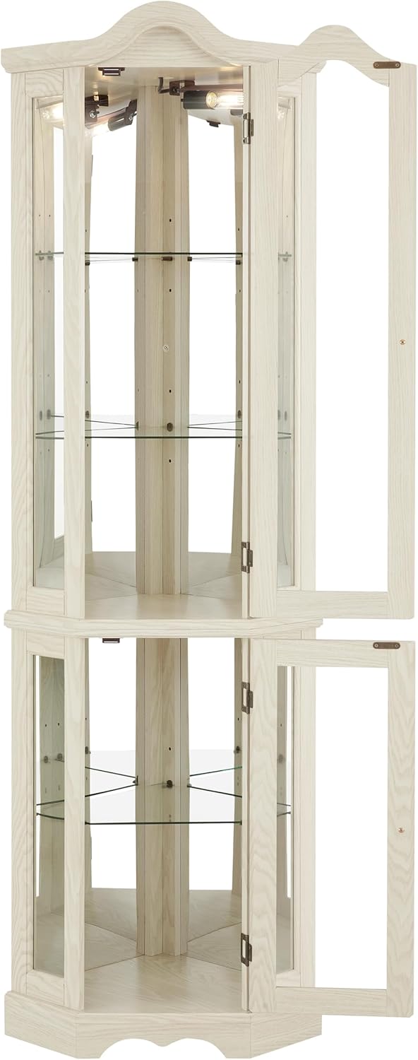 Classic Corner Curio Cabinet with Lights, Glass Display Cabinet for Living Room - Adjustable Tempered Glass Shelves, Wall Mountable (White)