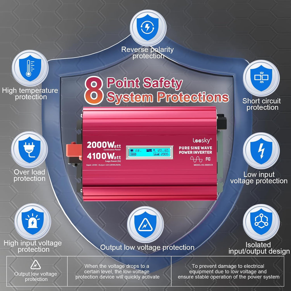 2000 Watt Pure Sine Wave Inverter 12V to 110V 120V AC 4100W Surge Peak Power for 2s Remote Control PD36W USB-C Compatible with Lithium Battery Starlink for Off-Grid Solar System RV Car Home LEESKY