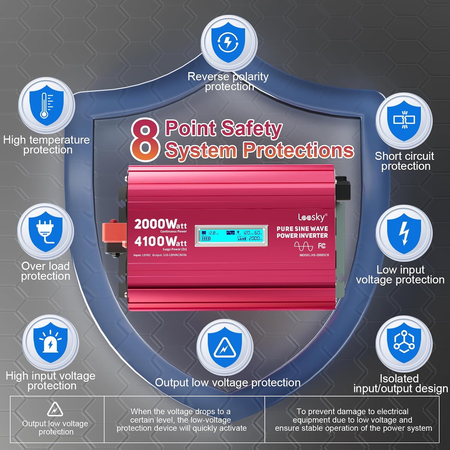2000 Watt Pure Sine Wave Inverter 12V to 110V 120V AC 4100W Surge Peak Power for 2s Remote Control PD36W USB-C Compatible with Lithium Battery Starlink for Off-Grid Solar System RV Car Home LEESKY