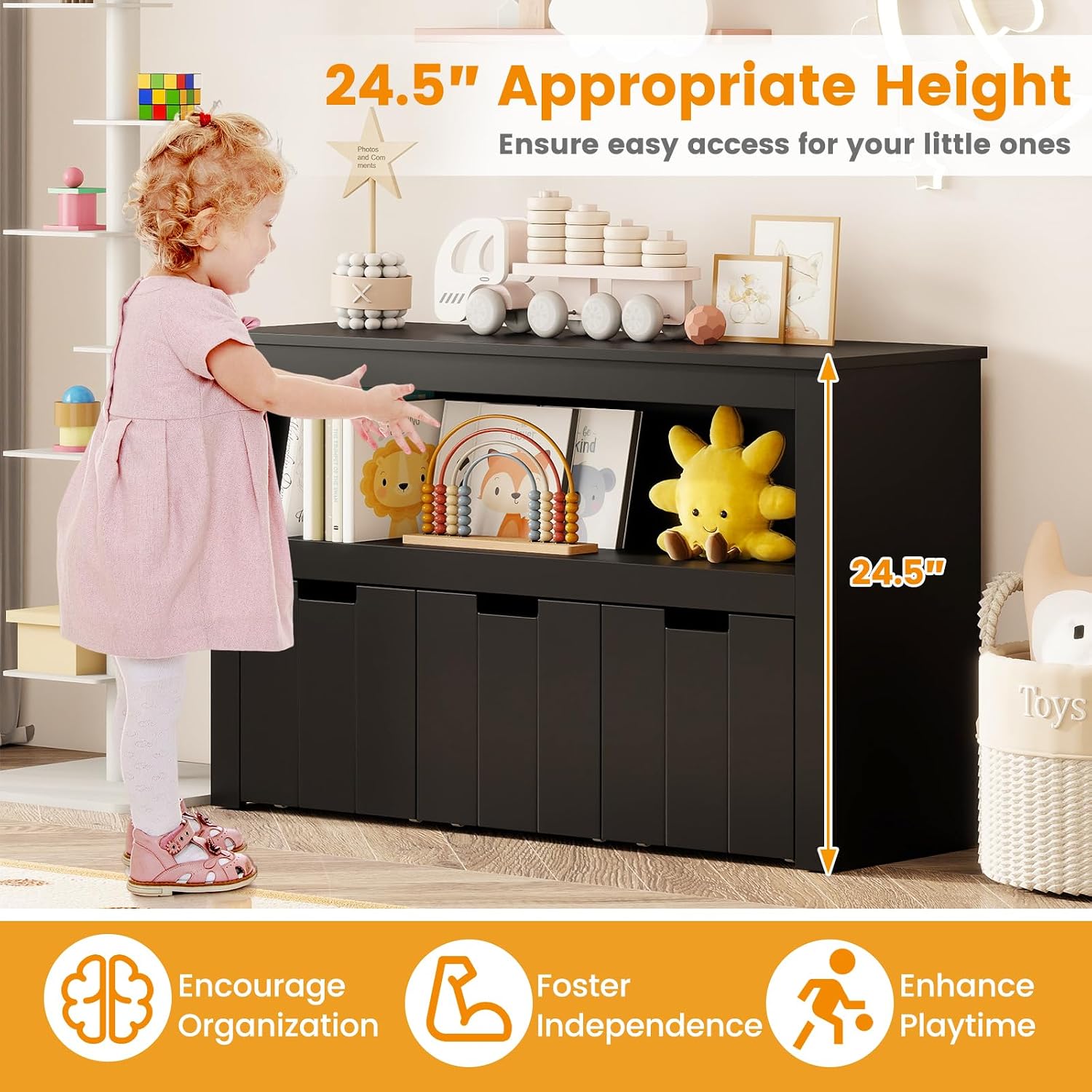HONEY JOY Kids Toy Storage Organizer, Children Daycare Shelf, 3 Wooden Toy Box w/Wheels, Toddler Classroom Display Cabinet for Playroom, Nursery, Kindergarten (Black)