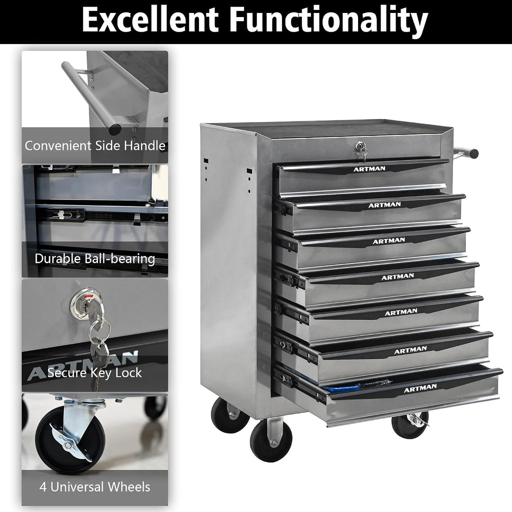 Rolling Metal Tool Chest with 7 Drawers – 20' Steel Tool Storage Box Organizer with Ball Bearing Slides & Lockable Mobile Cabinet on Wheels(Silver)