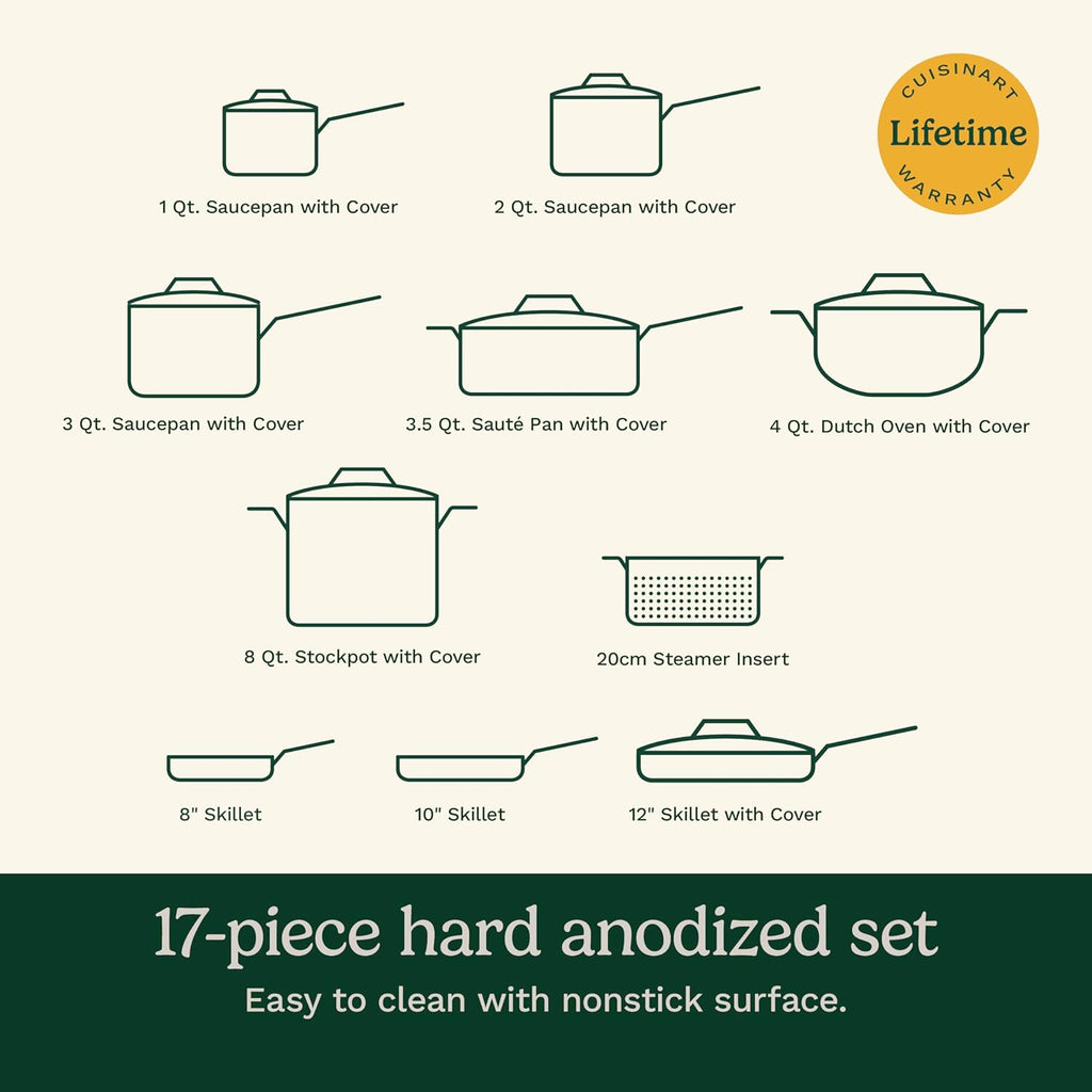Cuisinart 17-Piece Pots and Pans Set, Non Stick Hard Anodized Cookware Set, Compatible with Electric, Gas Cooktops, Dishwasher Safe, Oven Safe Pot Set, Cool Grip Handles, Aluminum Core for Even Heat