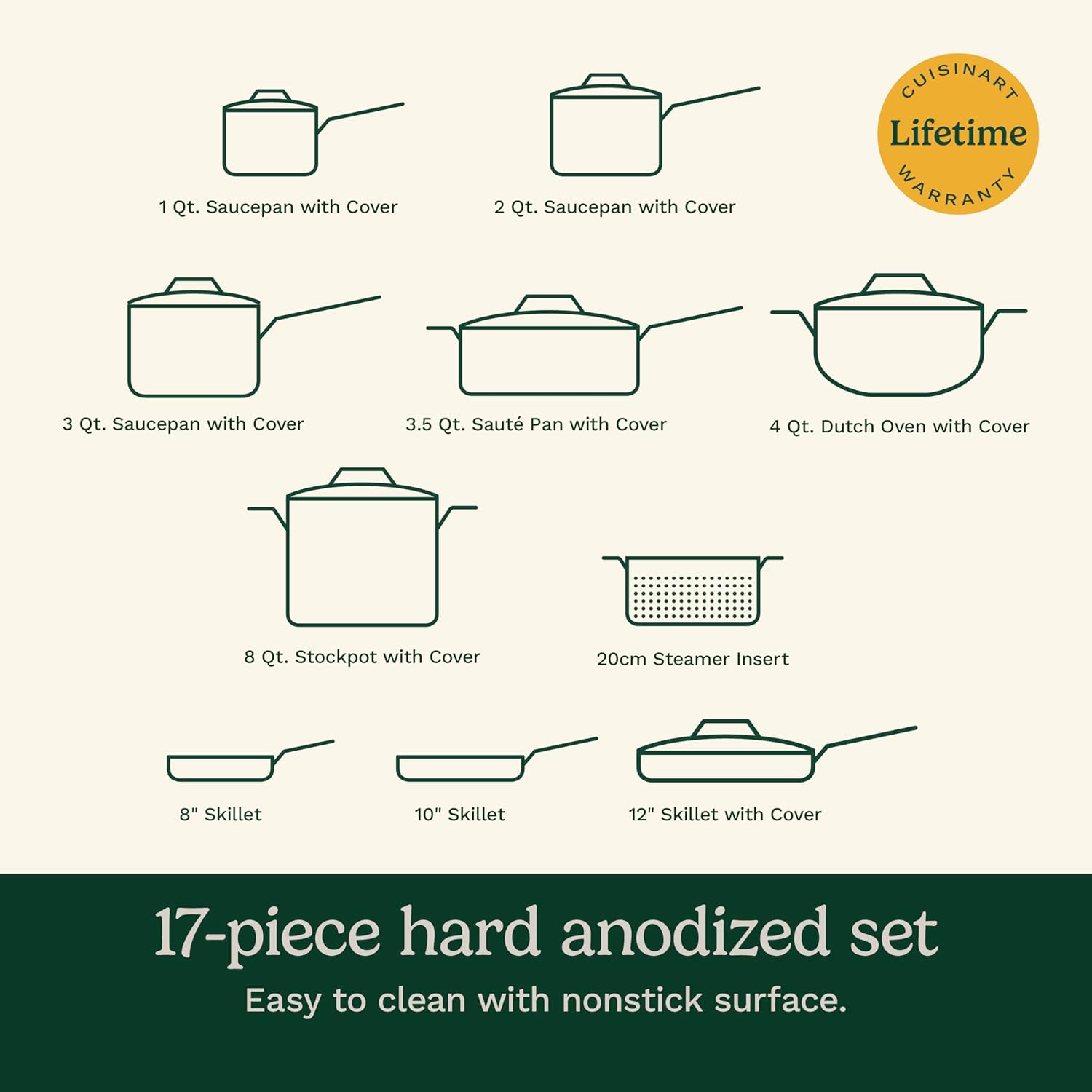 Cuisinart 17-Piece Pots and Pans Set, Non Stick Hard Anodized Cookware Set, Compatible with Electric, Gas Cooktops, Dishwasher Safe, Oven Safe Pot Set, Cool Grip Handles, Aluminum Core for Even Heat