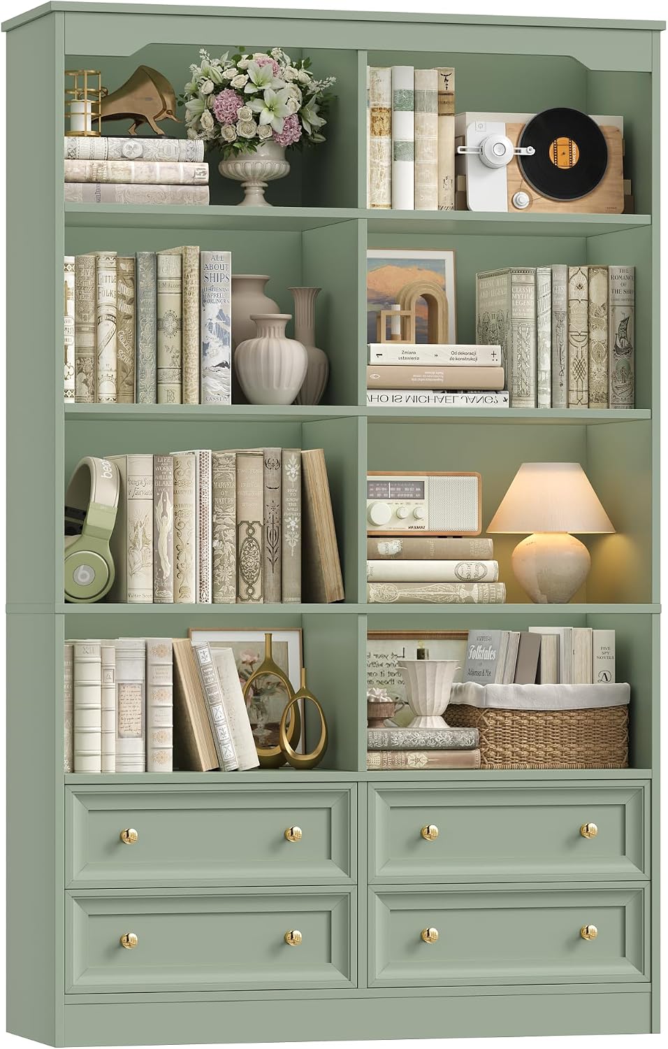 FINETONES 71' Tall Bookshelf with 4 Drawers, 6-Tier Double Wide Bookshelves and Bookcases with Storage, Green Bookshelf Large Open Bookshelves Standing Book Cabinet for Home Office