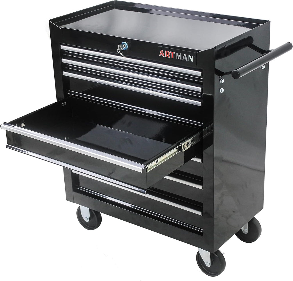 Rolling Tool Cart with 7 Drawers, Lockable Heavy-Duty Steel Cabinet on Wheels, 1000 lb Capacity, Ball-Bearing Slides, Powder-Coated Finish, Black