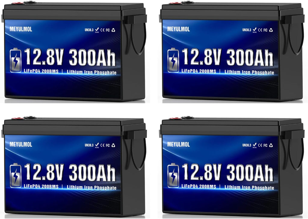 4 Packs 12V 300Ah LiFePO4 Lithium Battery, Upgraded 15000+ Deep Cycle Marine Battery with 200A BMS, 3840Wh Rechargeable Lithium Battery with Low-Temp Protection for RV Solar Panel Camping Product
