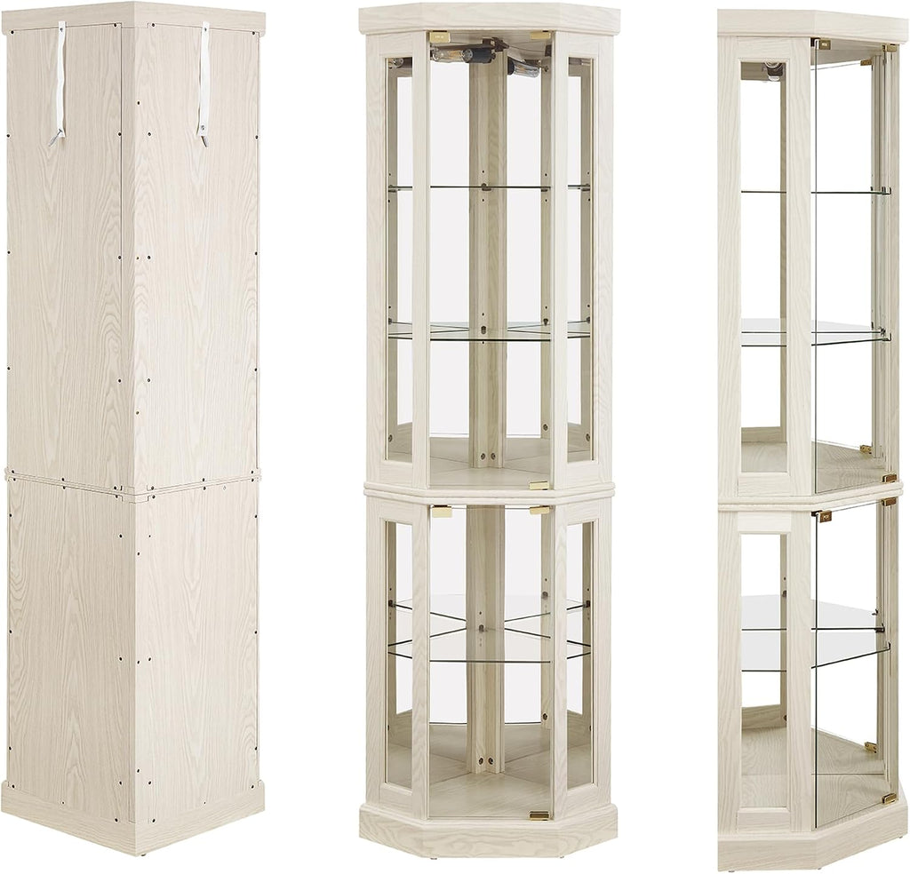 69' H Lighted Curio Cabinet Corner Display Case,Corner Glass Cabinet with Tempered Glass Door and Adjustable Shelves,Wooden Curio Case with Mirrored Back Pane (Style 2 - Antique White)