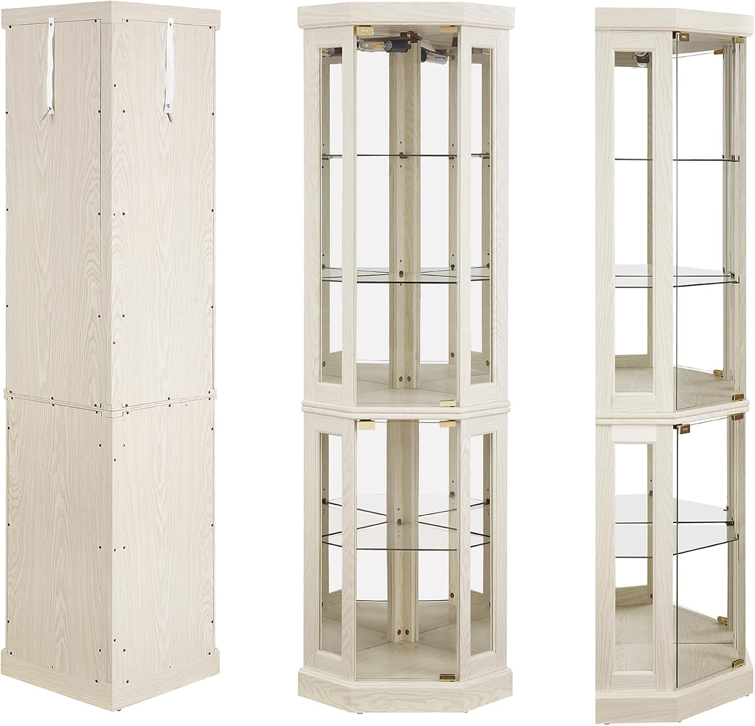 69' H Lighted Curio Cabinet Corner Display Case,Corner Glass Cabinet with Tempered Glass Door and Adjustable Shelves,Wooden Curio Case with Mirrored Back Pane (Style 2 - Antique White)