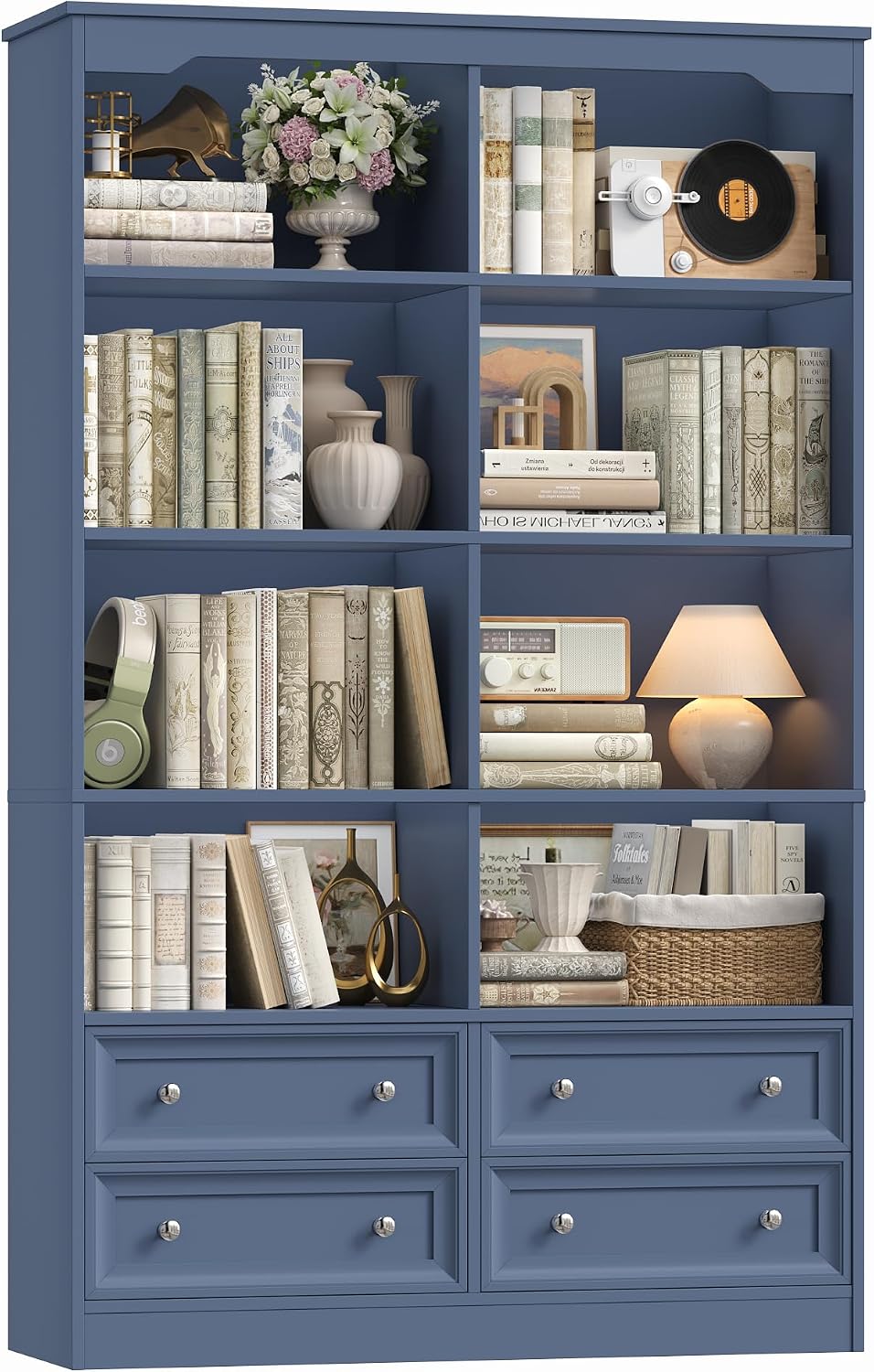 FINETONES 71' Tall Bookshelf with 4 Drawers, 6-Tier Double Wide Bookshelves and Bookcases with Storage, Blue Bookshelf Large Open Bookshelves Standing Book Cabinet for Home Office