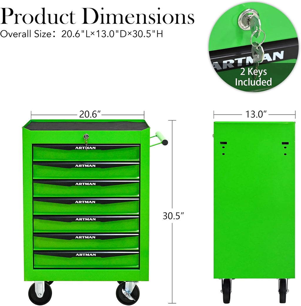 Rolling Metal Tool Chest with 7 Drawers – 20' Steel Tool Storage Box Organizer with Ball Bearing Slides & Lockable Mobile Cabinet on Wheels(Green)