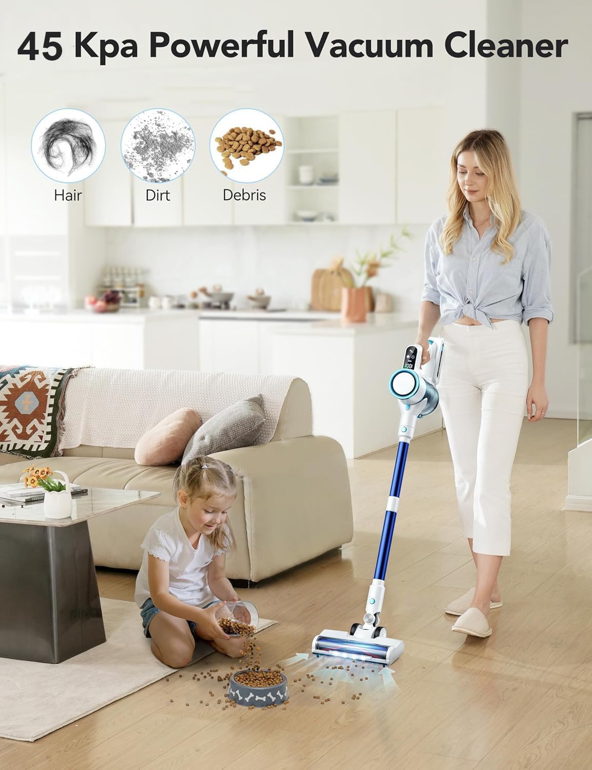 Cordless Vacuum Cleaner, 550W/45Kpa Vacuum Cleaners for Home, 60Mins Stick Vacuum with LED Display, Anti-Tangle & Wall Mount Charging, 8 in 1 Lightweight Vacuum for Hard Floors Carpet Pet Hair