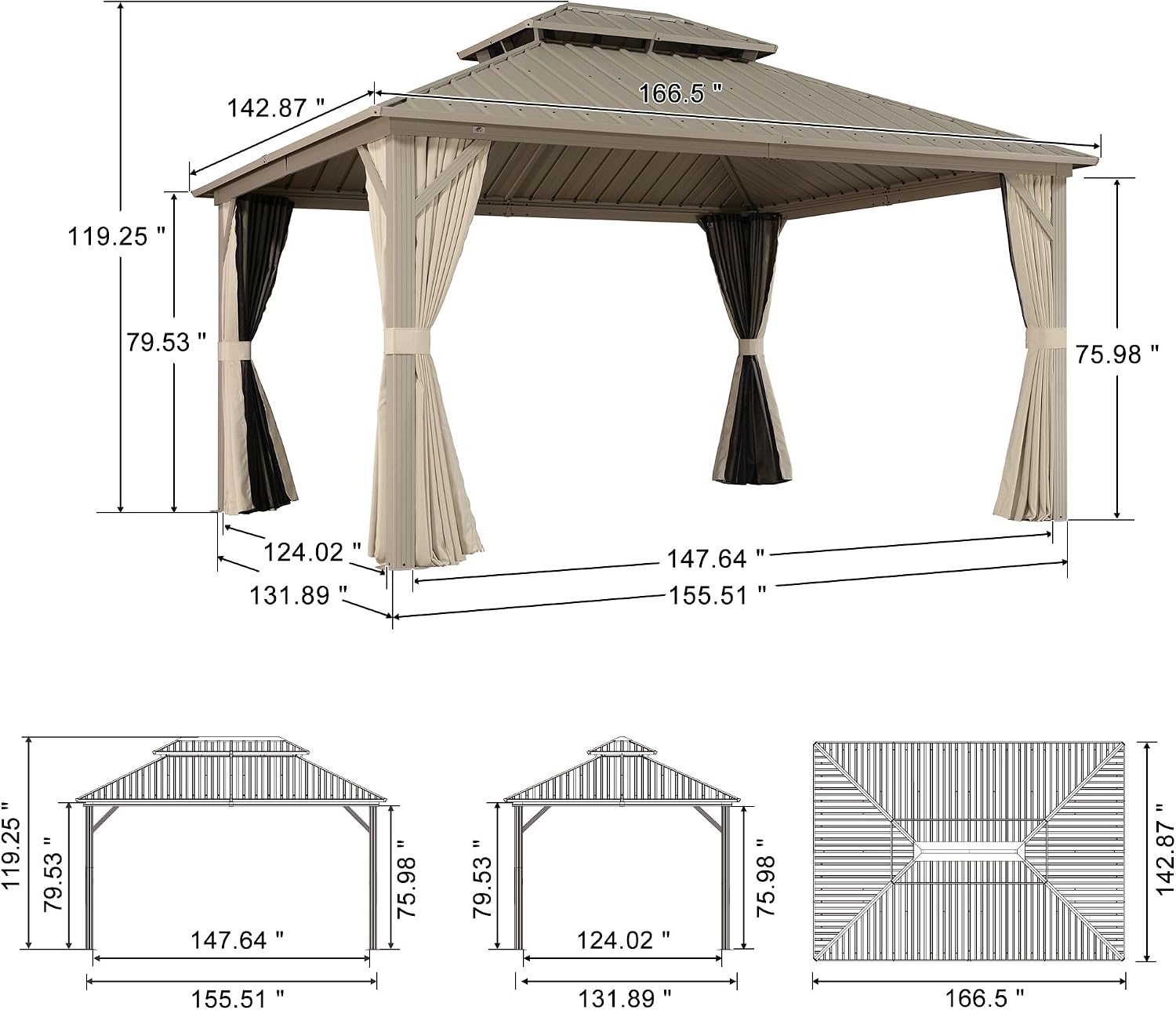 PURPLE LEAF 12' x 14' Outdoor Hardtop Gazebo, Champagne Aluminum Frame with Galvanized Steel Double Roof, Curtains and Netting for Patio Lawn and Garden